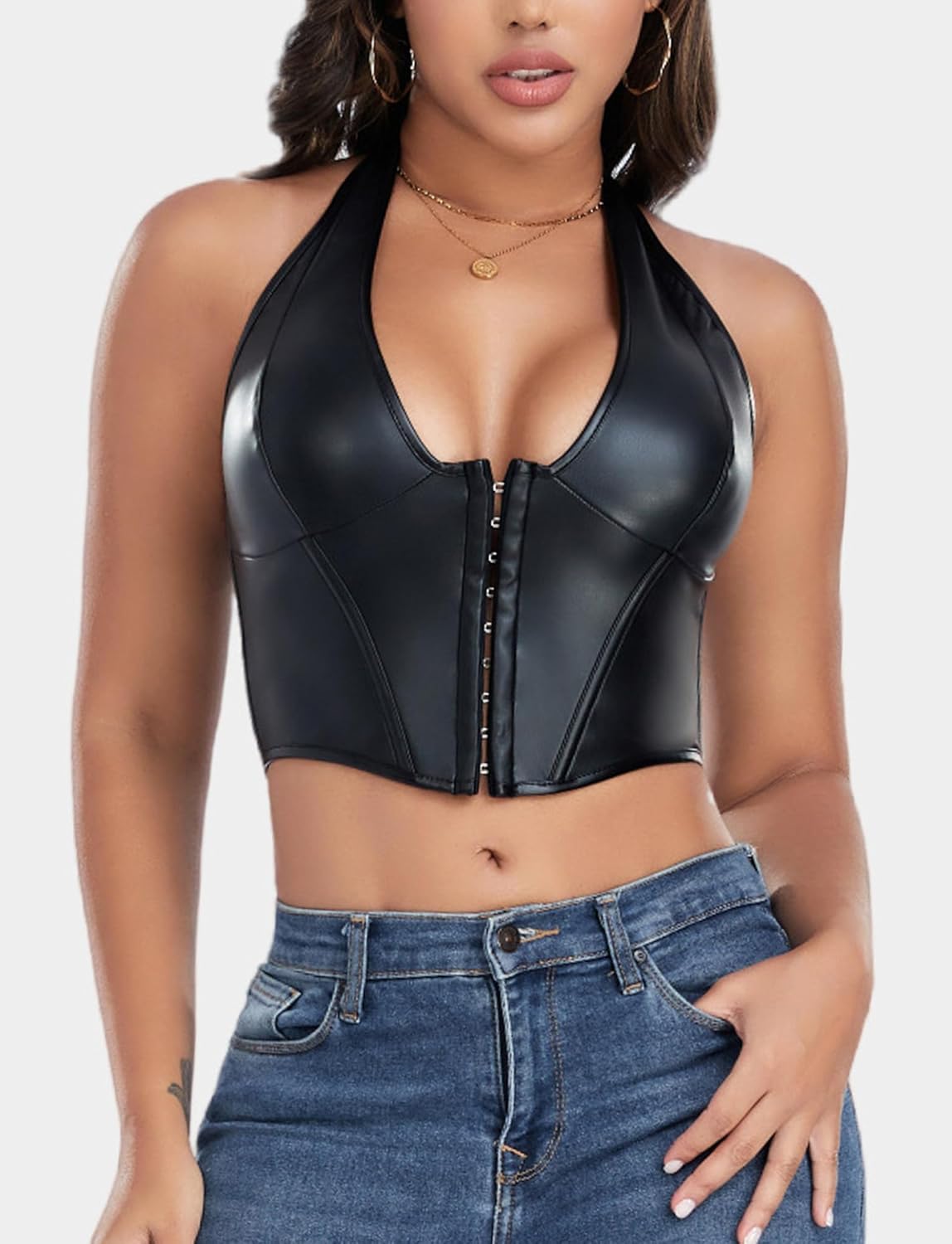 FEOYA Womens Pu Leather Halter Neck Tops Lace Up Backless Corset Bustier Sexy Y2K Going Out Party Vest Clubwear - Image 4