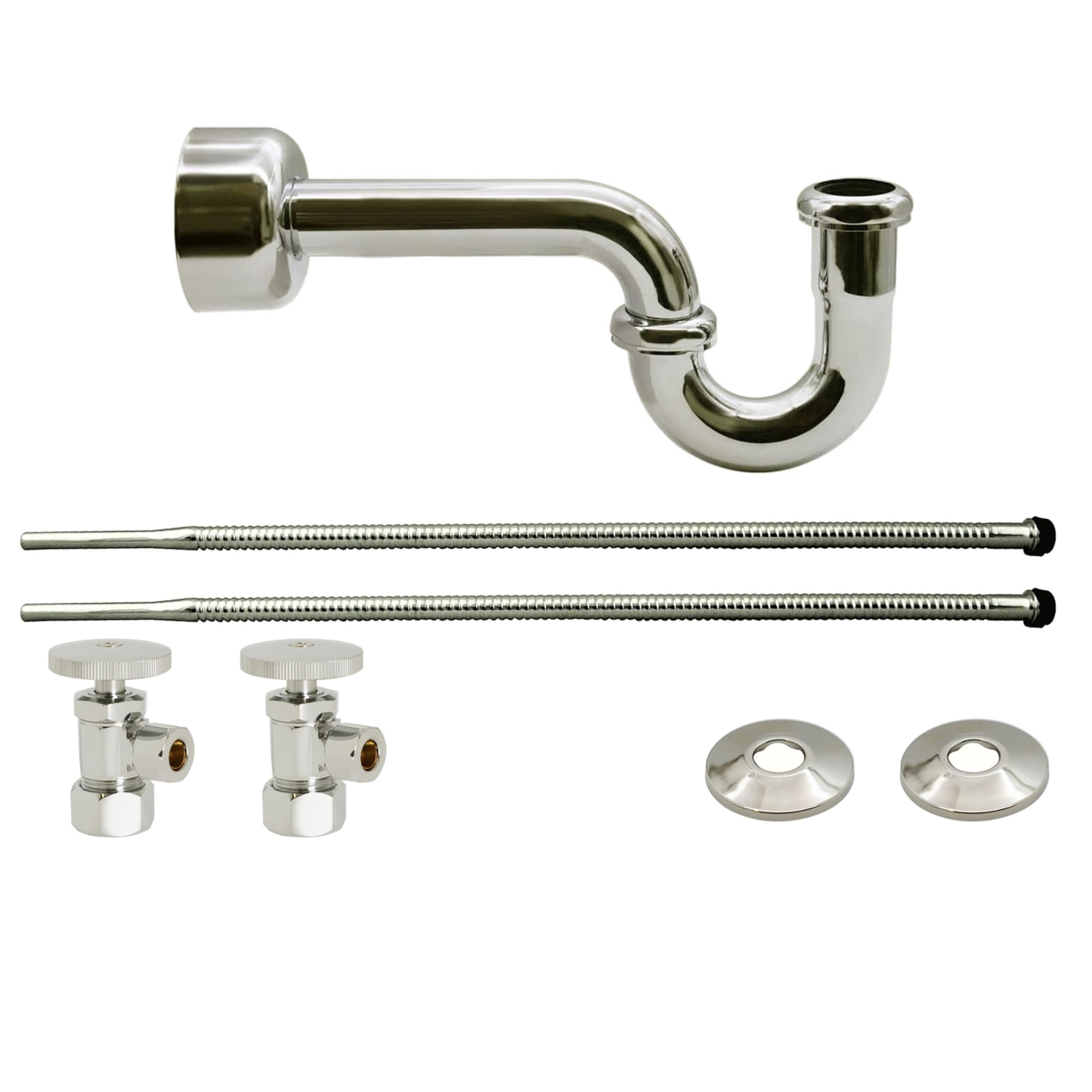 Westbrass A1538L-05 Pedestal Sink Lavatory Supply Line Kit with P-Trap and Round Handle Angle Stops, Polished Nickel