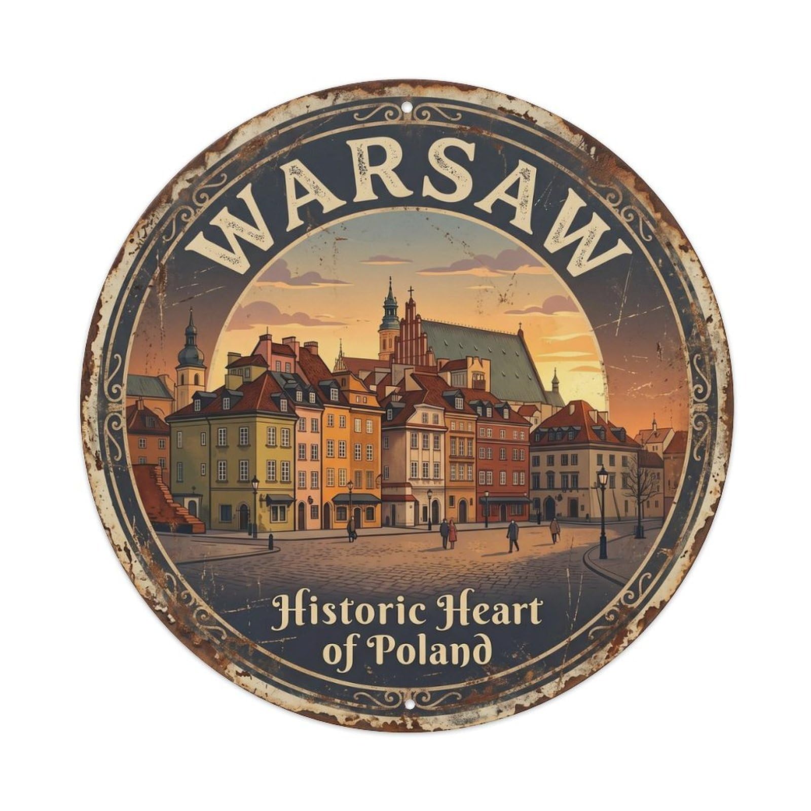 Vintage Travel Warsaw Oldtown Poland Metal Tin Sign