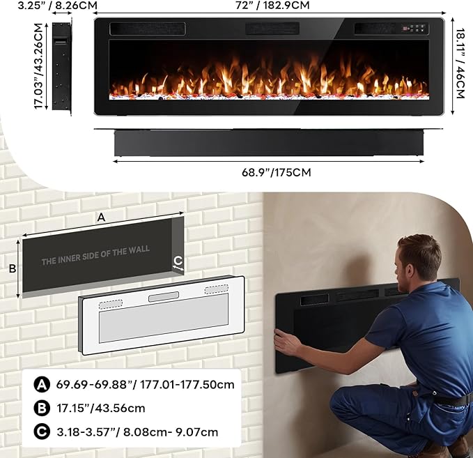 Chimenea Eléctrica Empotrable 72 Pulgadas, Ultra Delgada, 1500W miniatura 8