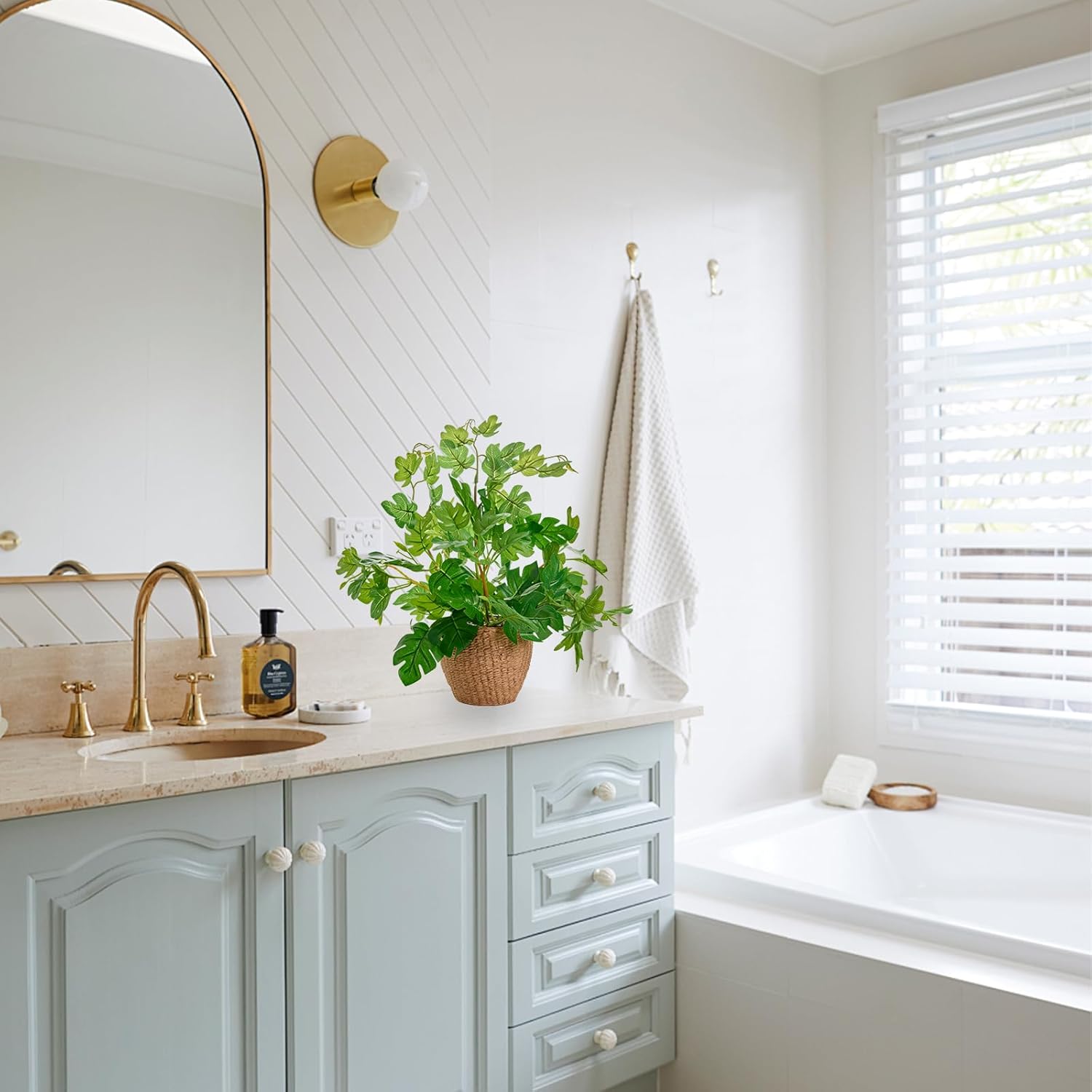 14'' Decorative Faux Monstera Plant Potted in Yellow Woven Ceramic Planter Realistic Fake Greenery Artificial Plant for Home Office Bathroom Kitchen Bedroom Tabletop Decor - Image 8