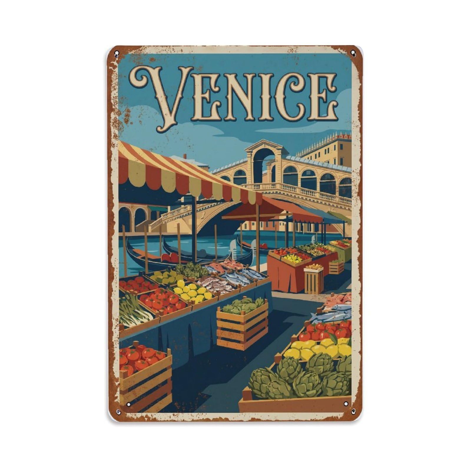 Vintage Travel Venice Rialto Market Fresh Produce Stalls Rusted Italy Metal Tin Sign Plaque Wall Decor for Cafe, Club Bar, Office, Home Garden Metal Poster 8x12Inch