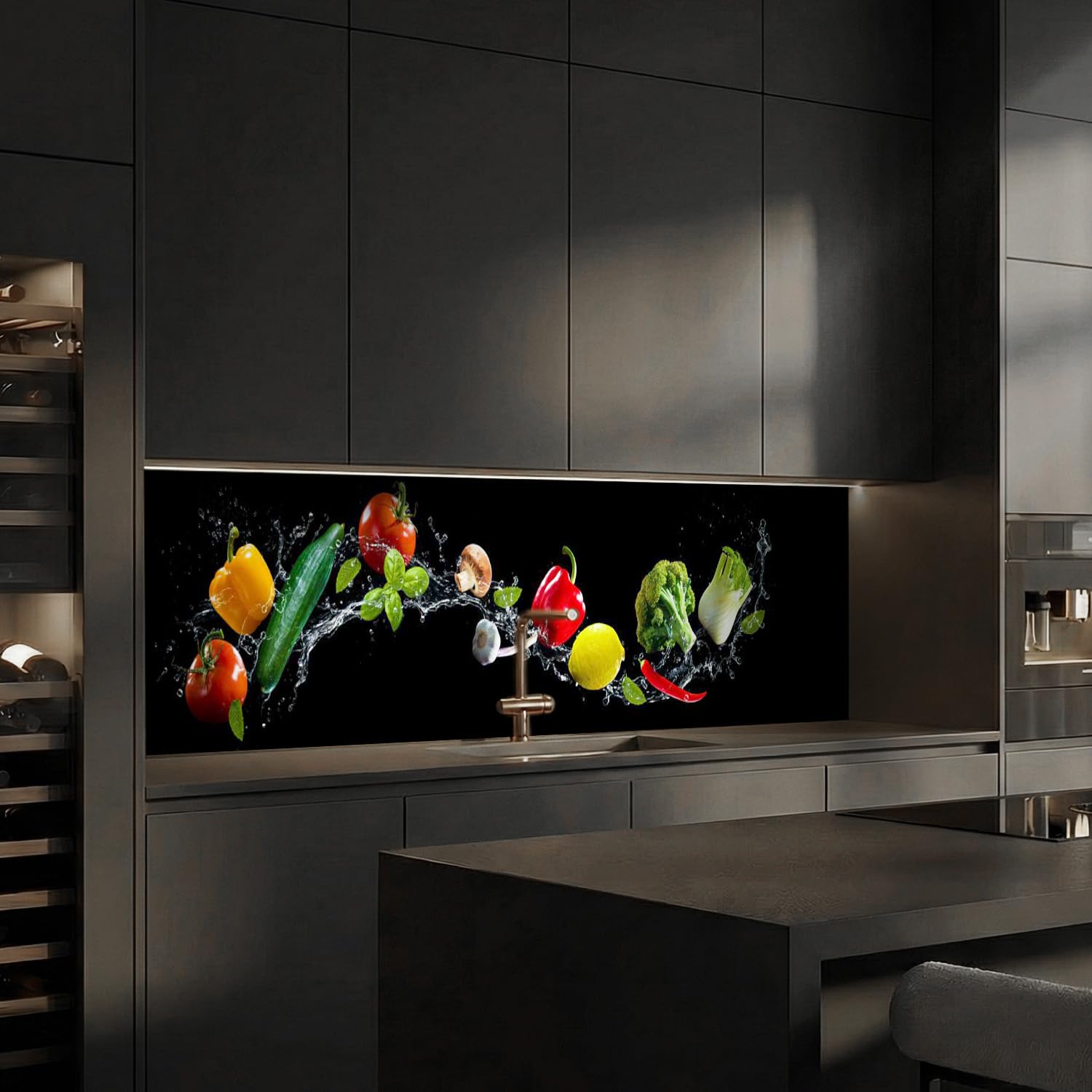 Dedeco Küchenrückwand Motiv: Obst & Gemüse V1, 3mm Aluminium Platte als Fliesenverkleidung Spritzschutz Küchenwand Verbundplatte wasserfest, inkl. UV-Lack glänzend, alle Untergründe, 260 x 60 cm