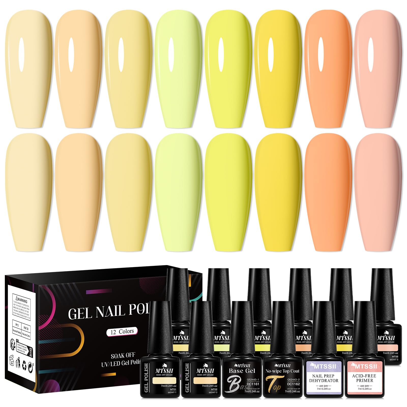 MTSSII 12Pcs Yellow Orange Gel Nail Polish Set, 8 Colors Pastel Yellow Nude Gel Polish Kit with Base Top Coat, Nail Dehydrator and Primer Soak Off UV