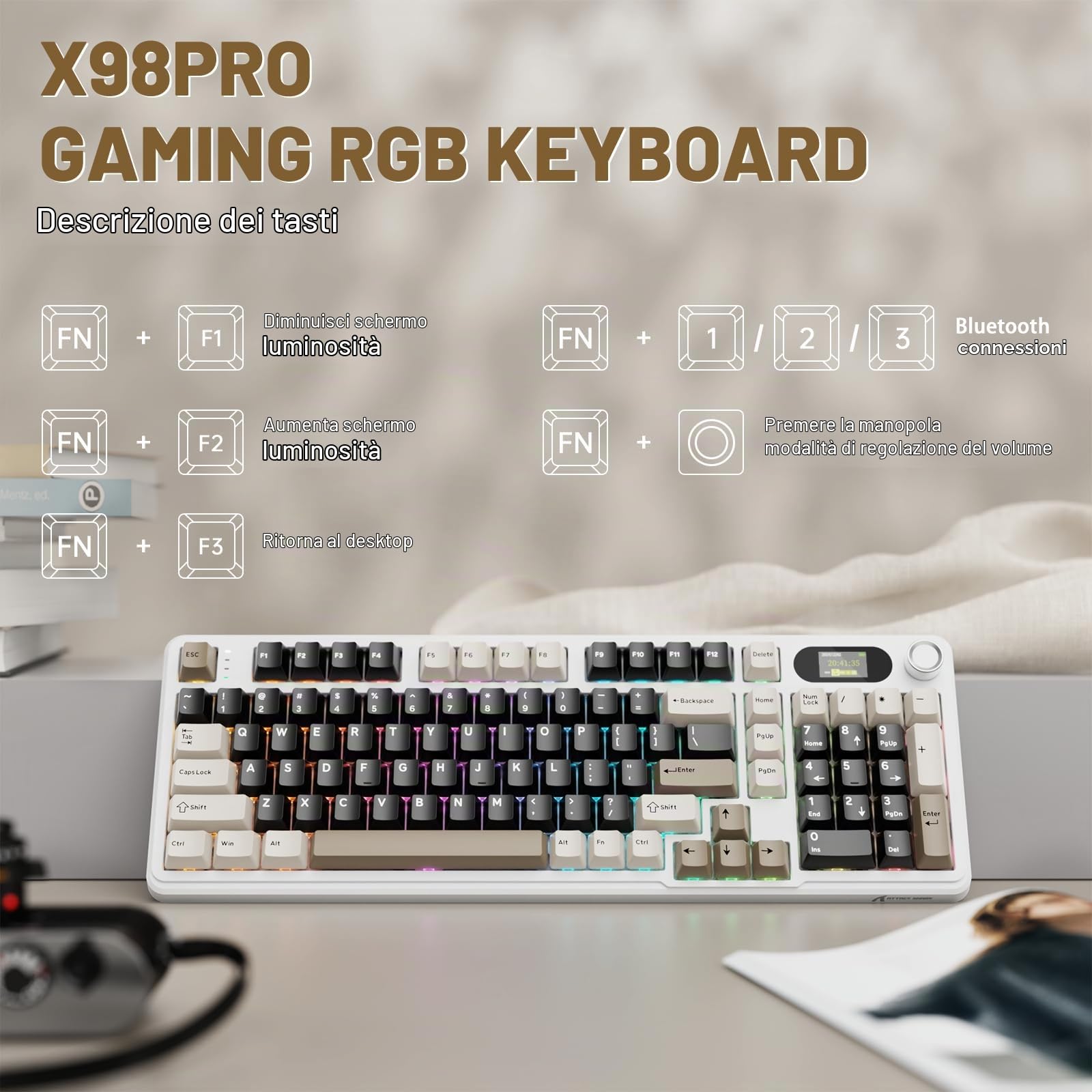 MAMBASNAKE × ATTACK SHARK X98 Pro Tastiera Gaming Wireless 96%, Display LED & Manopola, BT/2.4G/USB-C, Tastiera Meccanica RGB QWERTY, PBT Side-Printed, Hot-Swappable Gasket, 4000mAh(Bianco Marrone)