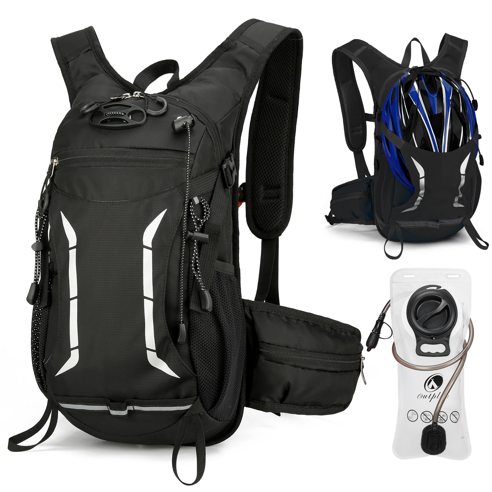 Piccolo zaino da ciclismo per idratazione con sacca d'acqua da 2 litri, zaino da trekking impermeabile da 15 litri con fibbia per casco e cinghia toracica