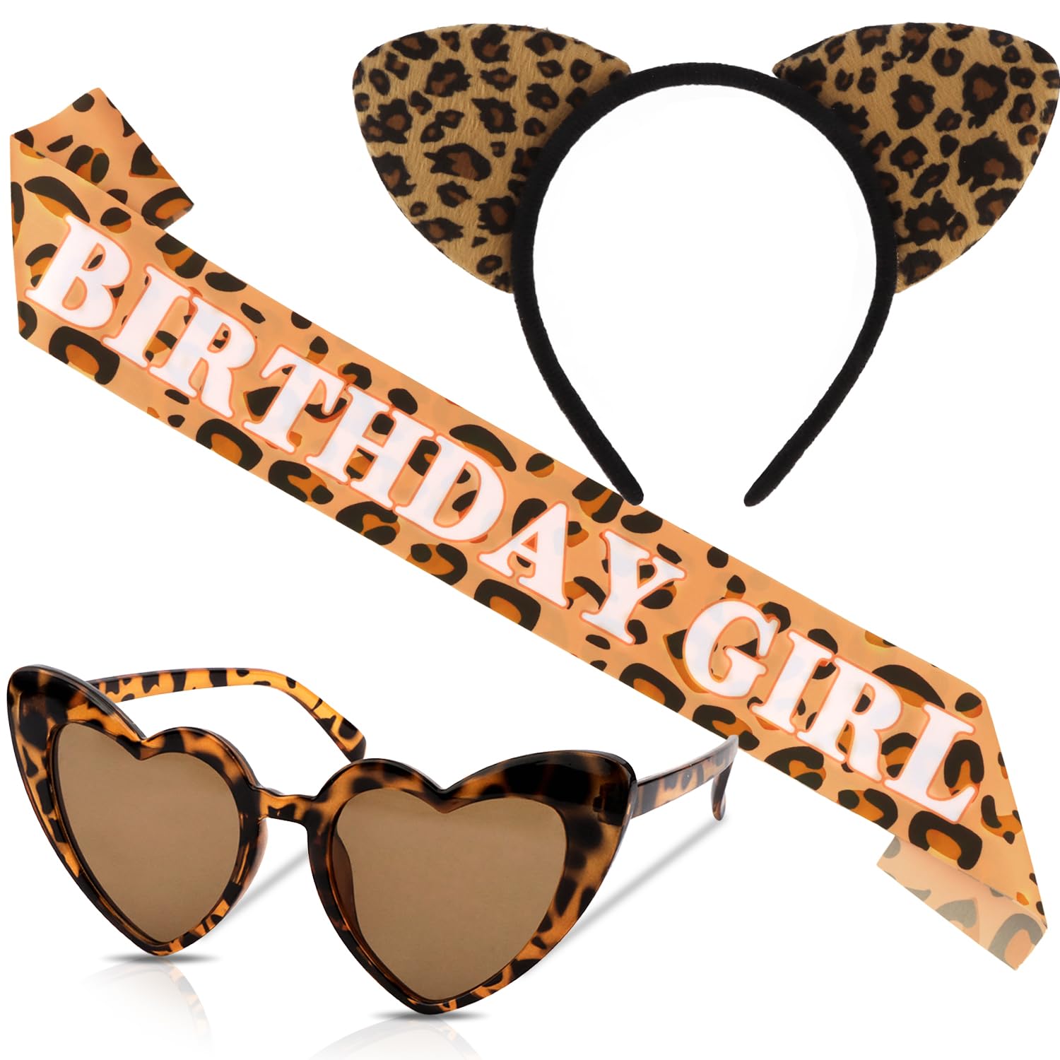 Zosutetoxo Birthday Decorations Women Leopard Print Set Birthday Girl Sash with Cat Ear Headband and Heart Sunglasses Party Decor Costume Ladies Girls