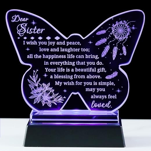 Butterfly Sister Gifts from Sister Brother, Glass Butterfly Shape Blessing Birthday Gifts for Sister with Light Base, Best Sister Gifts for Christmas Mother's Day Rakhi