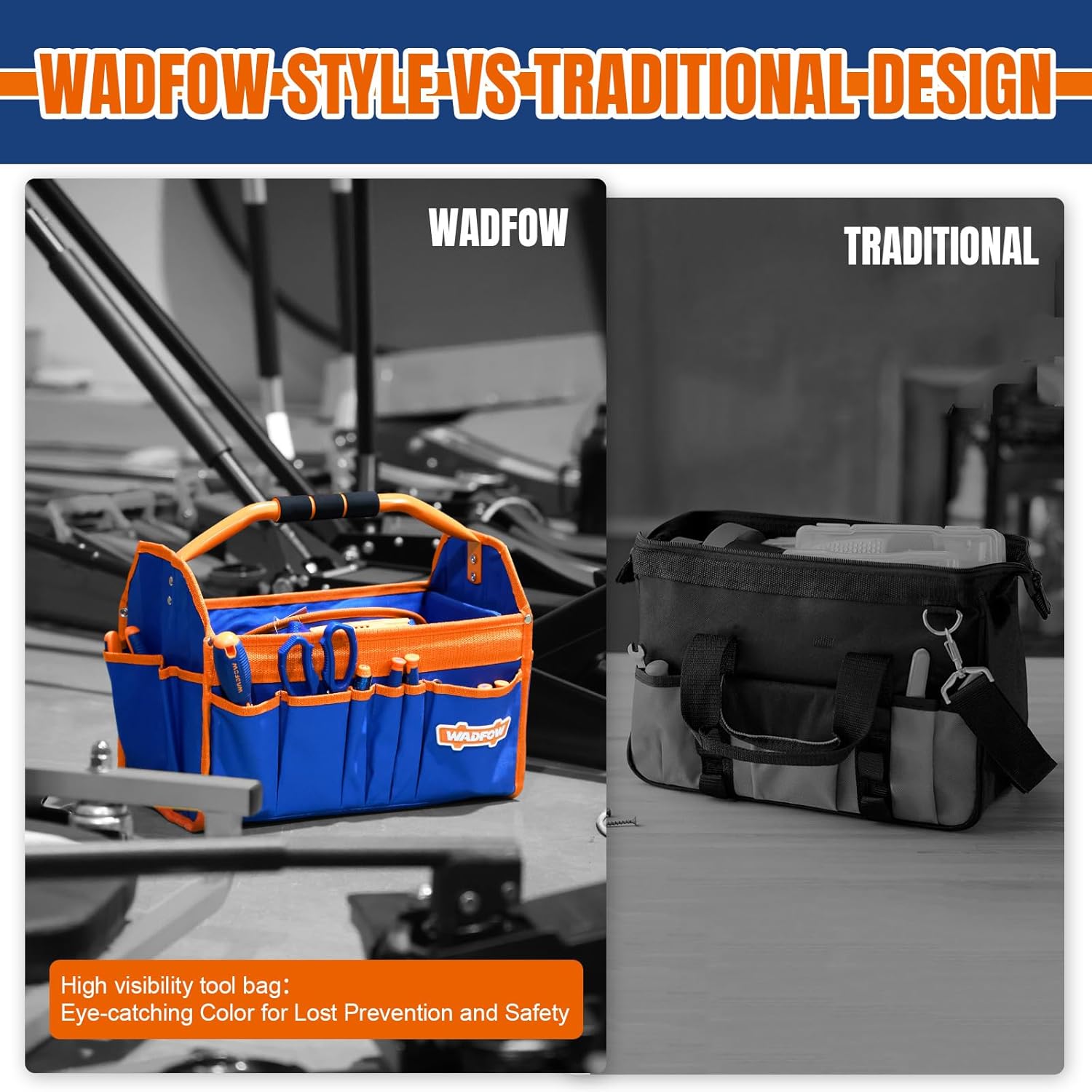 WADFOW 16" Tool bag, Heavy-Duty Waterproof Tool Bag, Spacious Capacity with High-Visibility Yellow&Blue Design, Wide-Opening Mouth and Durable 600D Oxford for Professional and Outdoor Applications