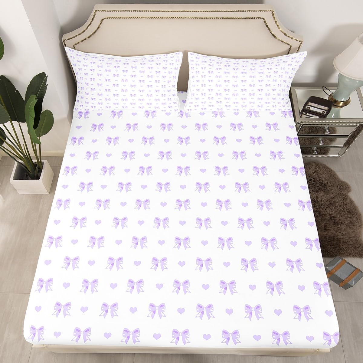 Dreamy Bow Princess Style Full Size Fitted Sheet No Top Sheet,Cute Love Hearts Kawaii Girly 3 Pieces Kids Teenager Room Decor Purple Bowknot Pocket 2 Pillowcases