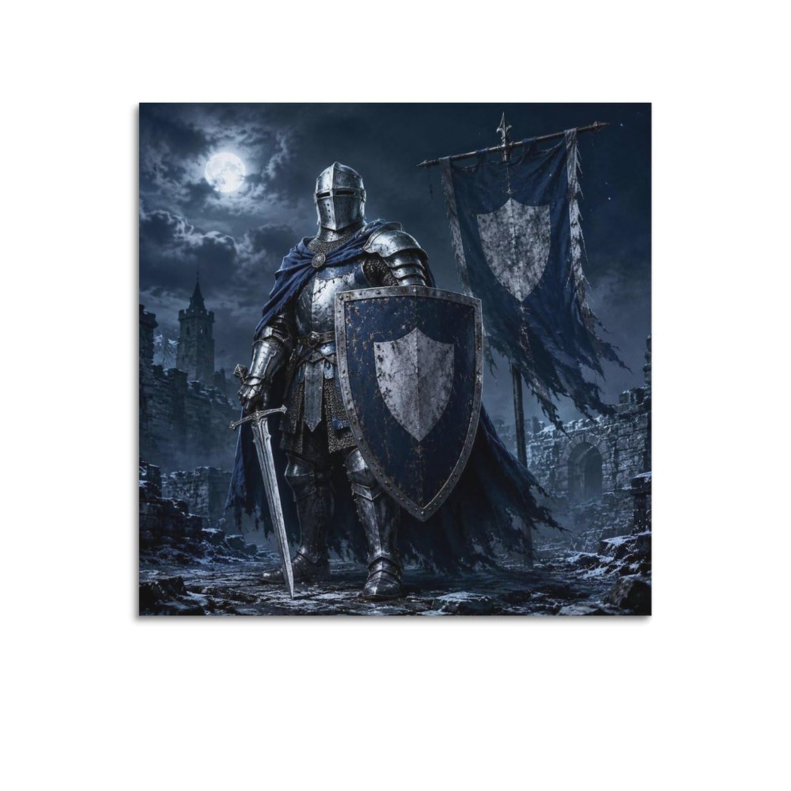 XKUGA Gothic Teutonic Knight Shield Poster Silver Banner Armor Modern Decorative Canvas Prints - Ideal Wall Art for Family, Man Cave, Game Room, Boys & Girls Bedroom 16x16inch(40x40cm)