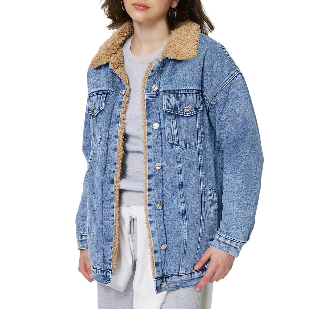 Damska kurtka Sherpa Trucker Kołnierz ze sztucznego futra Guzik w dół Luźny chłopak Jean Coat