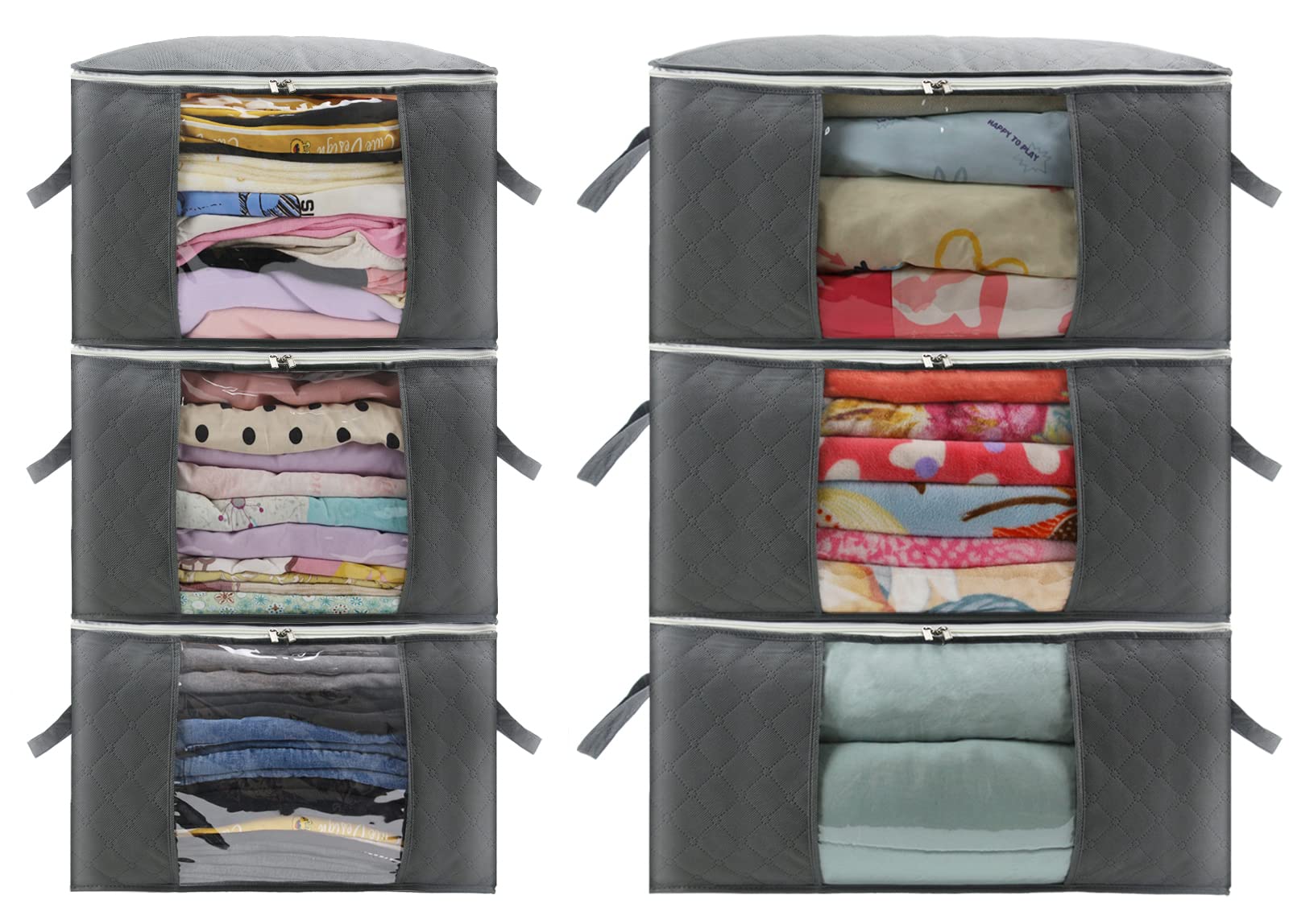 CCidea6Pack Clothes Storage Bag Organizer with Reinforced Handle, Great for Comforters, Blankets, Bedding, Under Bed Storage (3Medium+3Large, Grey)