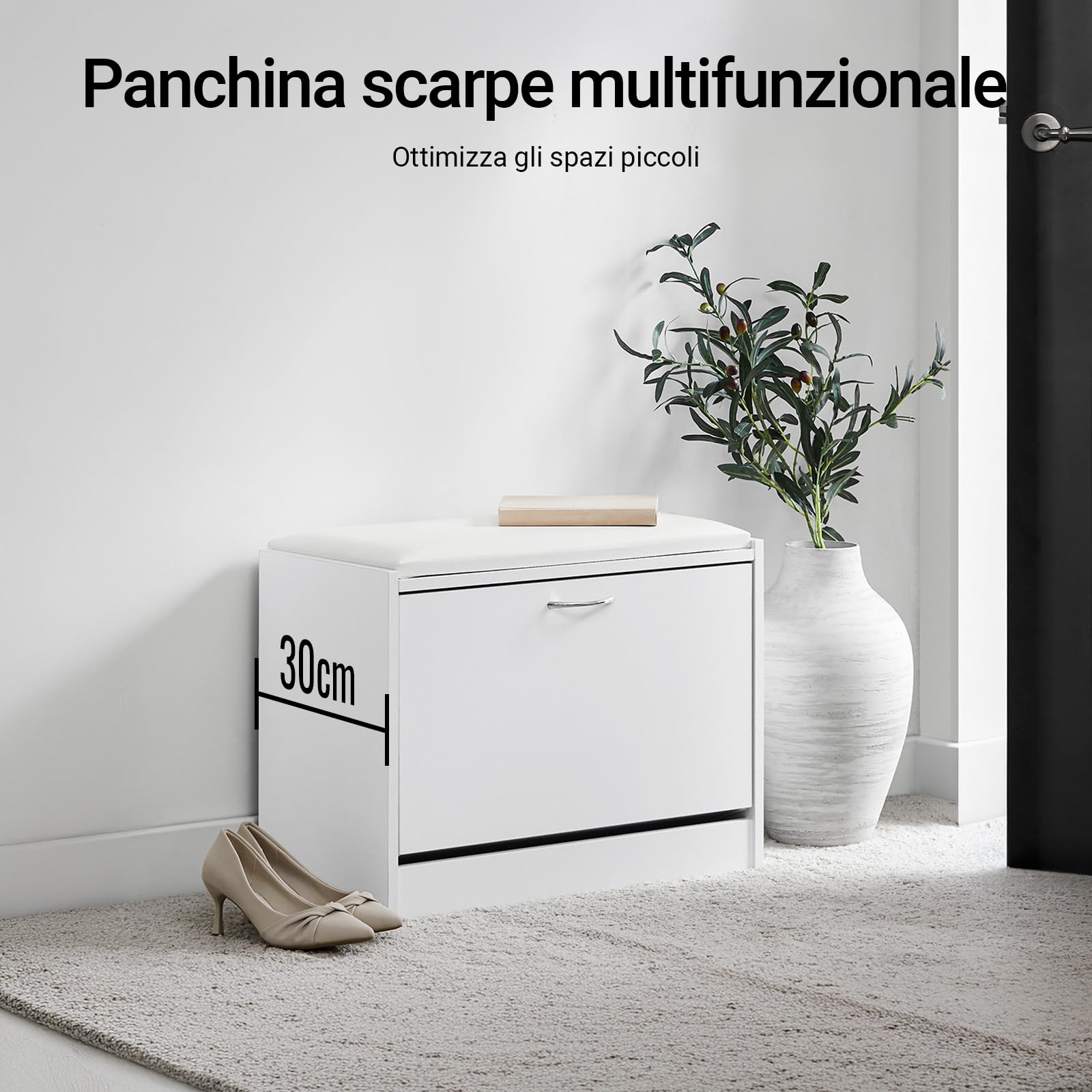 SoBuy Scarpiera Ingresso Panca Contenitore con Cuscino - Salvaspazio Slim da 60x30x48 cm - Cassapanca Porta Scarpe in Legno per Corridoio o Camera, Portata 120kg - FSR16-W