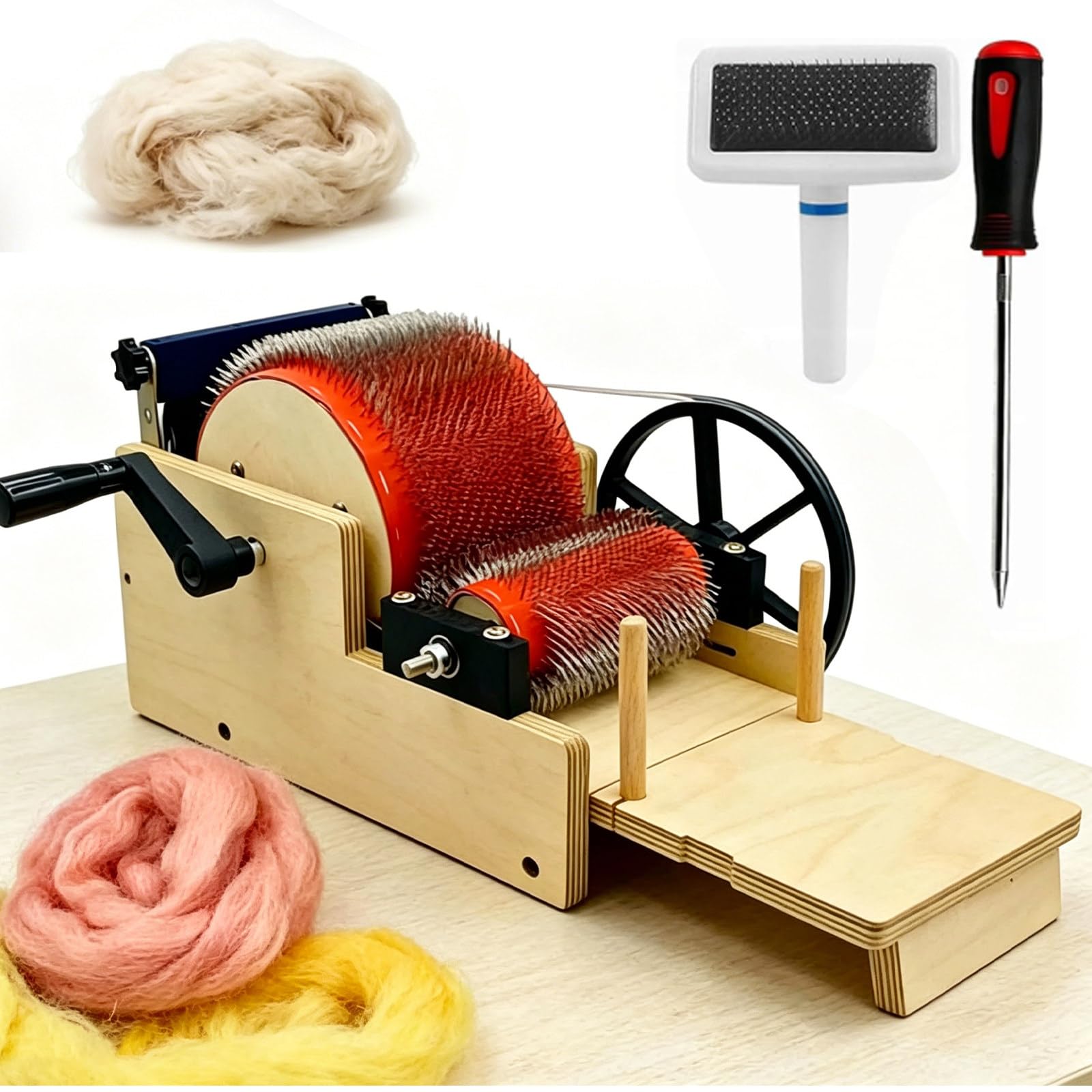 Osnzyc 12/24 cm Manual Wool Carding Machine, Drum Carder with Wooden Base, for Fiber Combing, Colors Mixing and Spinning, DIY Felting Prep Tool 14cm