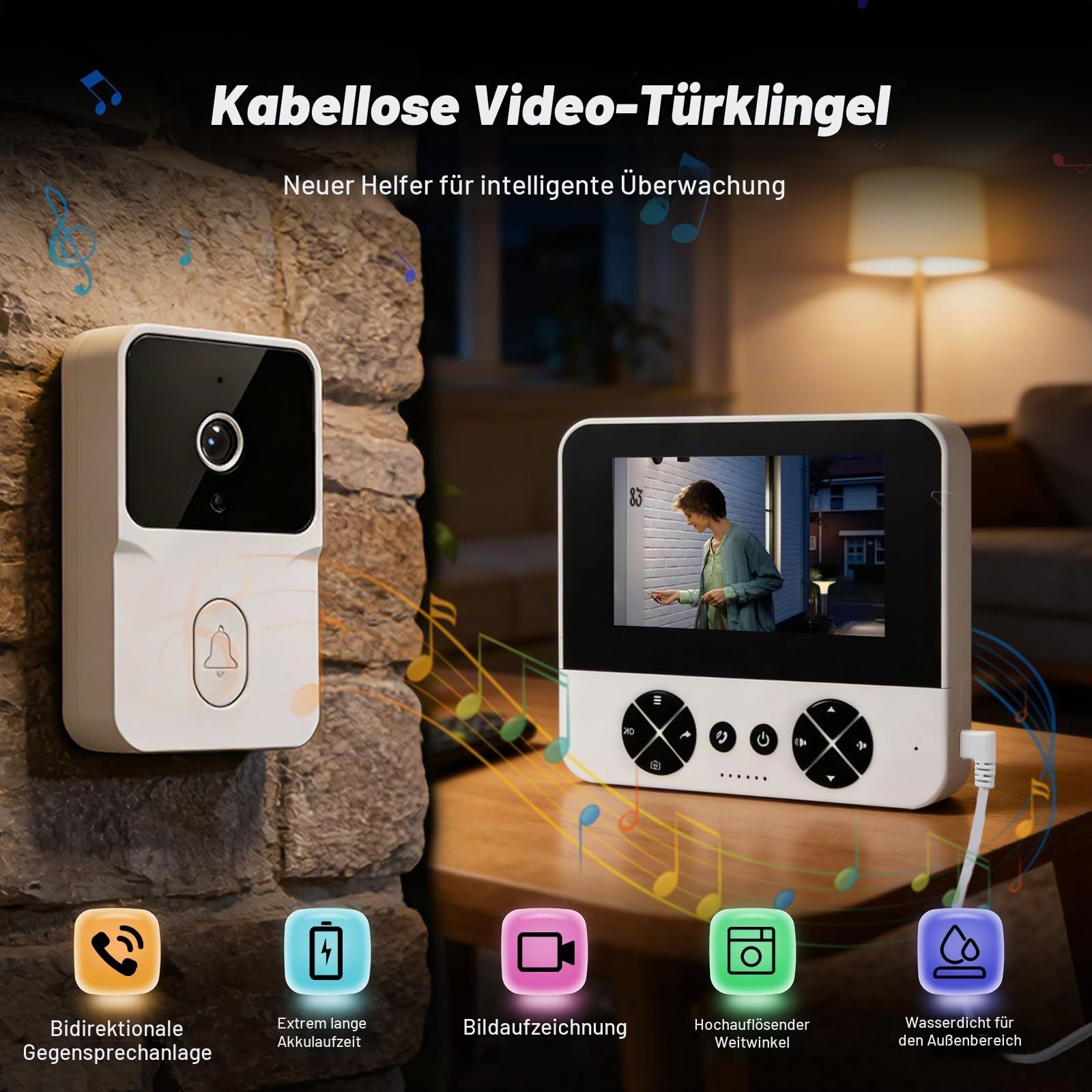 Türklingel mit Kamera und Monitor 4,3 Zoll, 80° Weitwinkel Video Türklingel,Türsprechanlage mit Kamera 1080P HD, Gegensprechanlage Infrarot Nachtsicht Zwei-Wege-Audio, IP65 Wasserdicht,Weiß