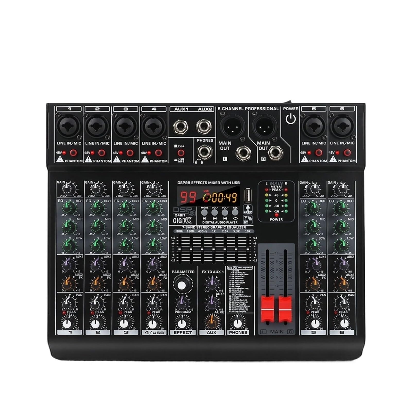 Mezclador de audio, Mezclador de audio profesional 6 canales con 99 efectos DSP, ecualizador 7 bandas, alimentación fantasma 48 V, interfaz USB for grabación