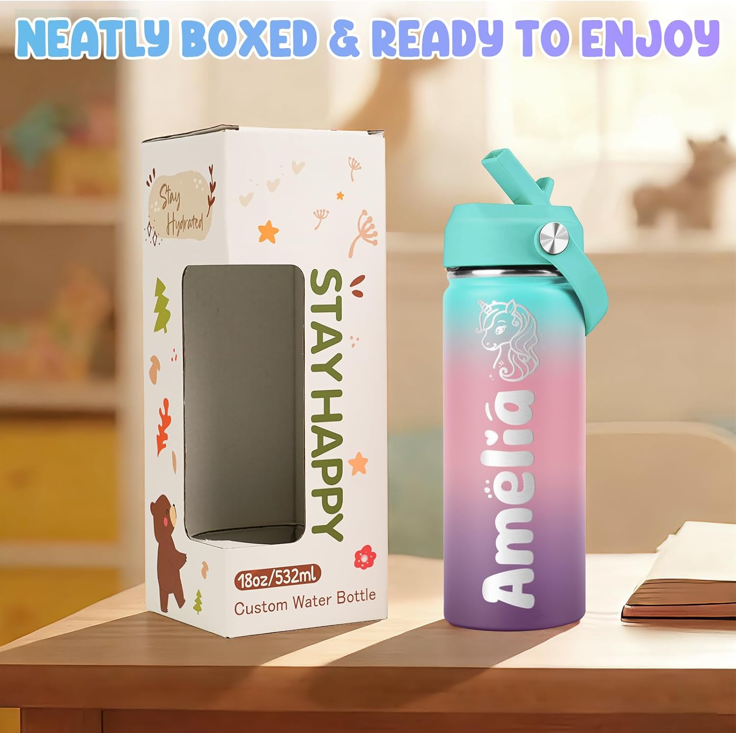 Personalized Water Bottles for Kids - 18oz, 12 Colors, Engraved Name & 36 Icons, Custom Kids Insulated Water Bottle for School, BPA Free - Birthday & Christmas Gifts for Girls & Boys - Image 7