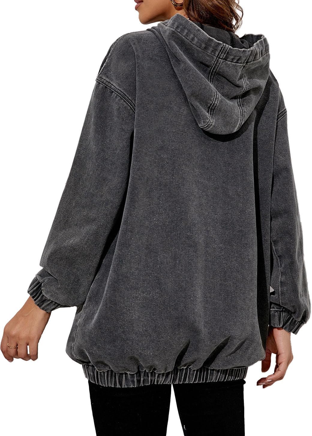 Women's Denim Hoodie Long Sleeve Pullover Sweatshirt Jean Jacket with Pocket Black XL1 - Image 3