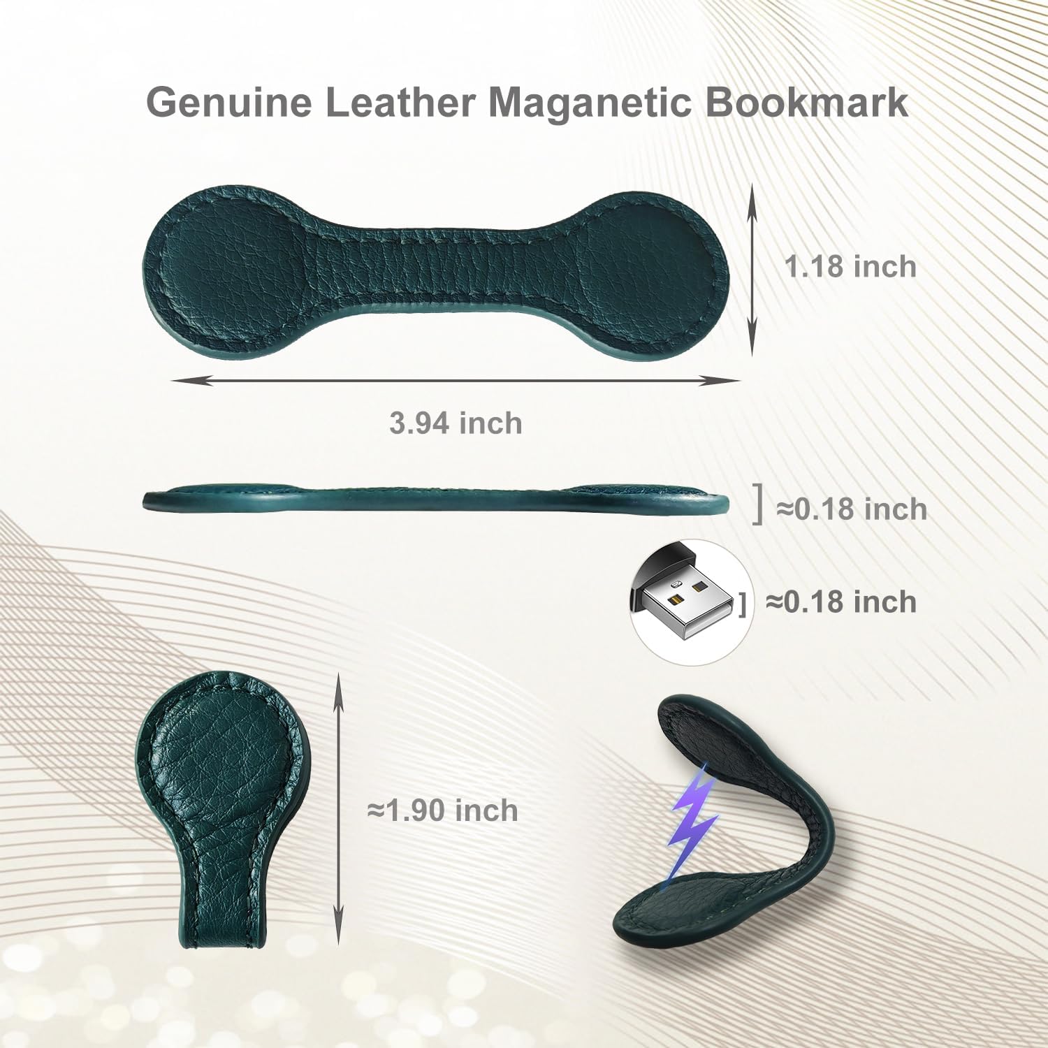 2 Pcs Leather Magnetic Bookmarks, Vintage Genuine Leather Book Marks Clip for Reading Women, Magnetic Book Page Markers for Kids, Men, Book Lovers, Teachers (Green) - Image 2