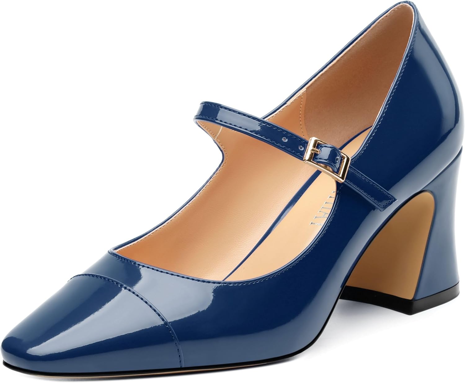 Women's Mary Janes Block Chunky Heels Square Closed Toe Patent Pumps 2.5 Inch Comfortable Work Dress Shoes