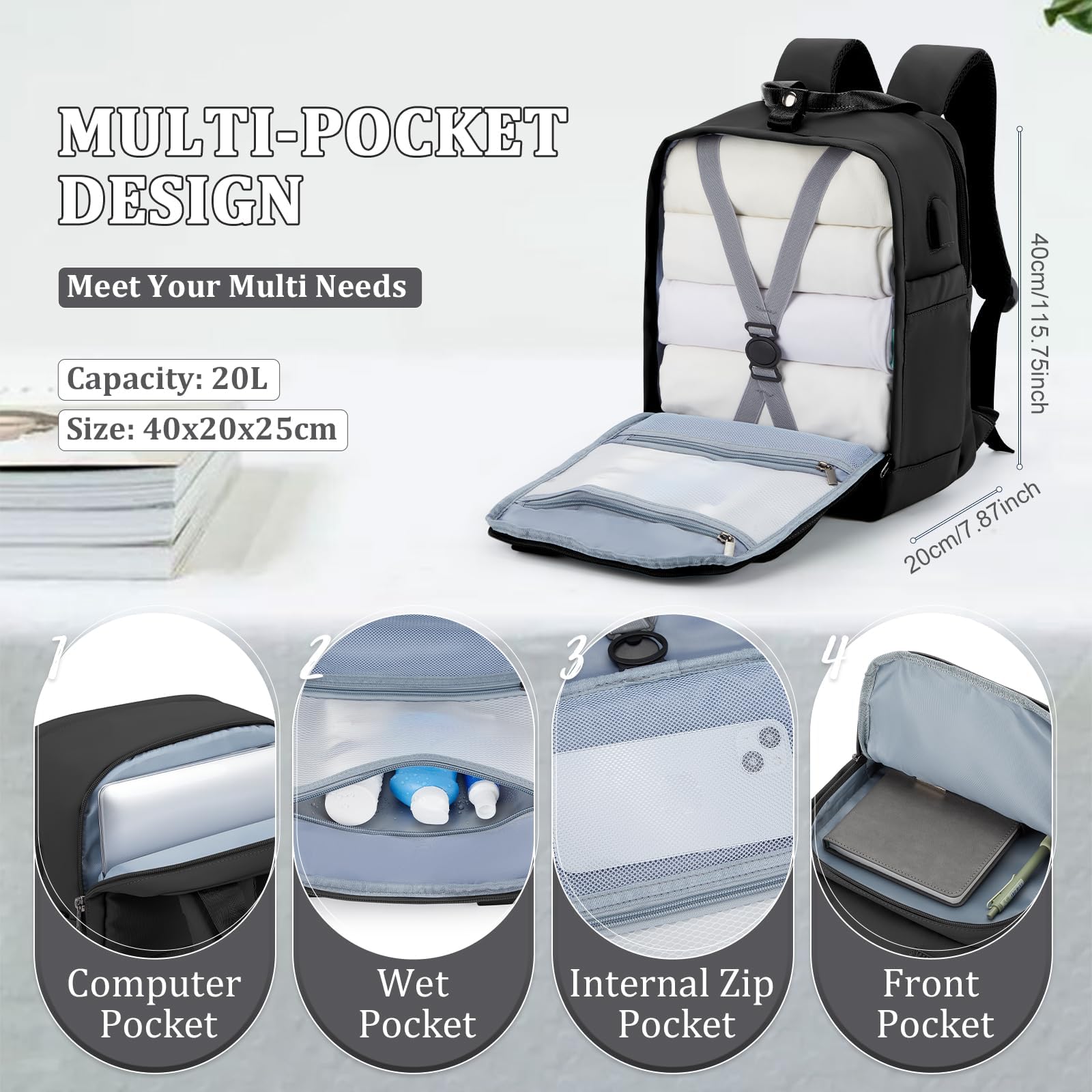 SZLX Zaino Ryanair 40x30x20 Sottovuoto con Pompa Zaino Ryanair 40x20x25 Donna Zaino da Viaggio Wizzair Bagaglio a Mano Uomo per Laptop da 14 Pollici Borse da Cabina 45x36x20 Easyjet con Porta Scarpe