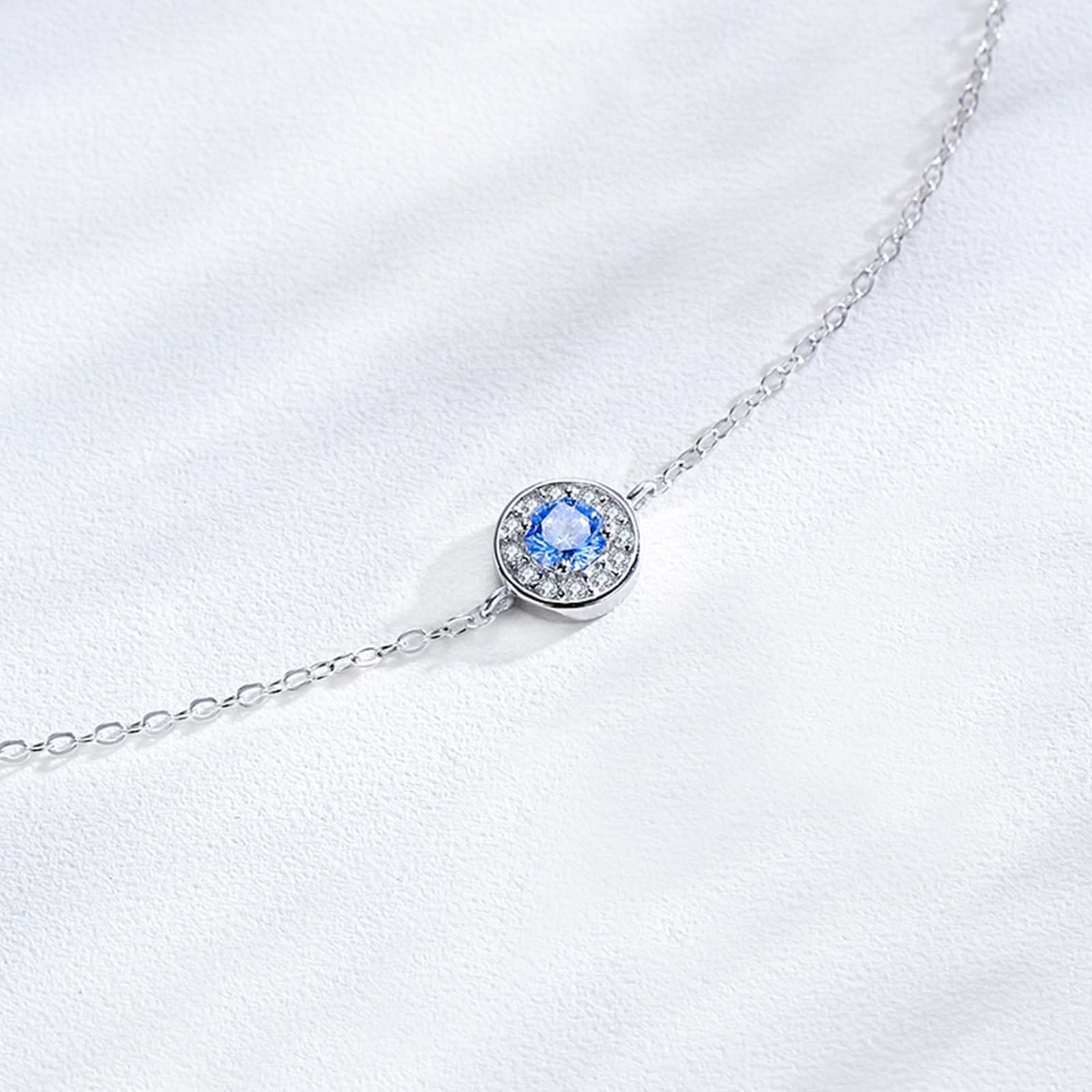 KnSam Pulsera de plata auténtica Au 375/585/750, oro blanco, pulsera para mujer, clásica, círculo con aguamarina azul claro, brazaletes de laboratorio creado con diamante blanco 9 K/14 K/18 K