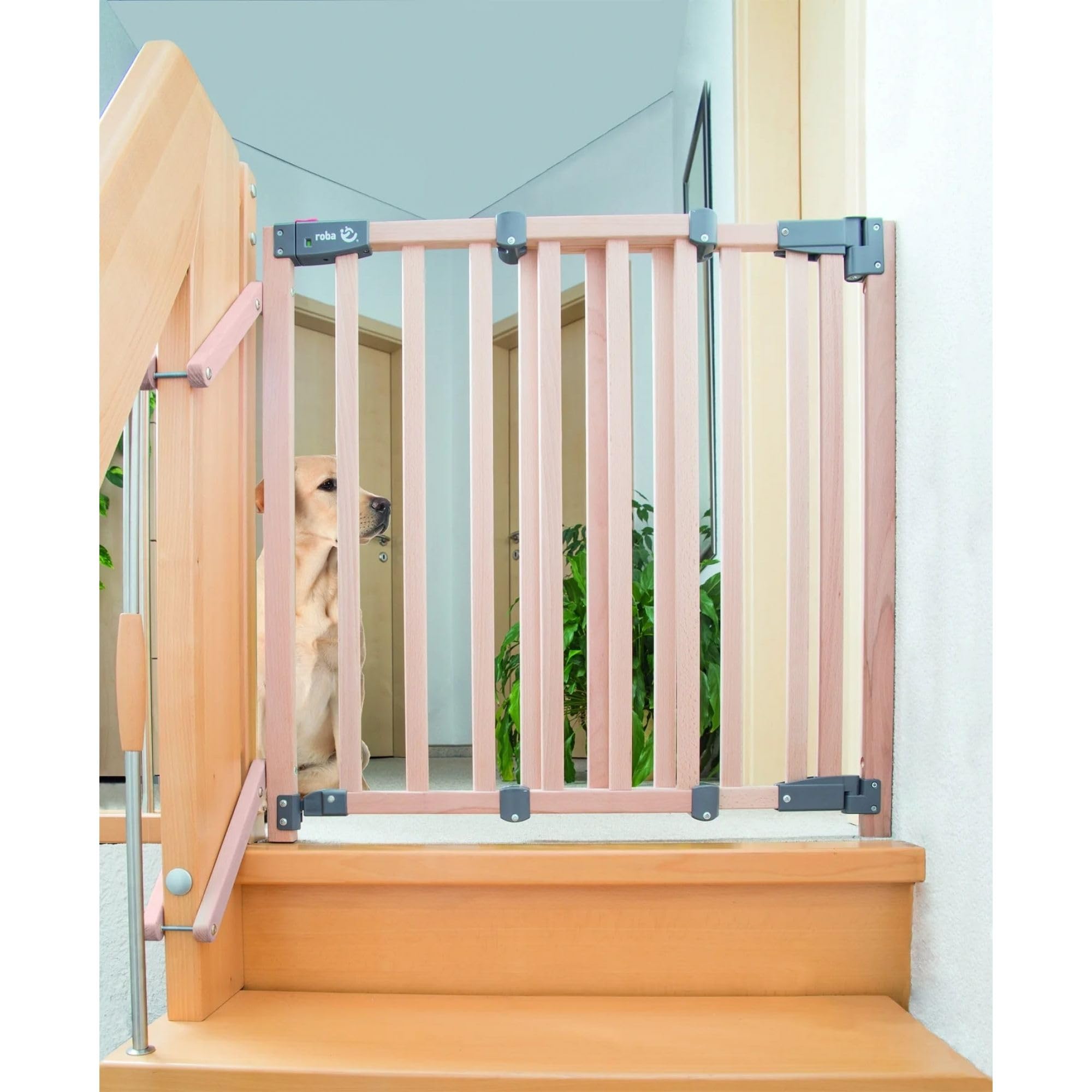 roba Cancelletto di Sicurezza per Scale "Safety Up", con Indicatore Visivo, Massello di Faggio, 93,5-120,5 cm, Legno Naturale