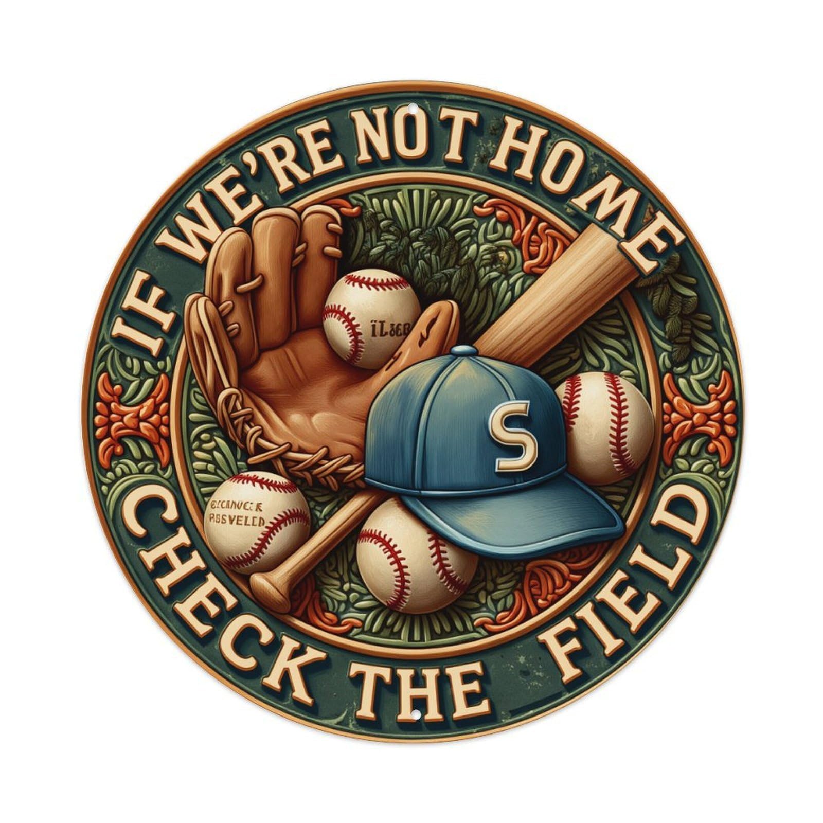 Baseball Glove Bat Cap Ball Round Tin Sign Vintage Metal Poster, Home Bar Garage Man Cave Cafe Indoor & Outdoor Wall Decoration 8x8Inches