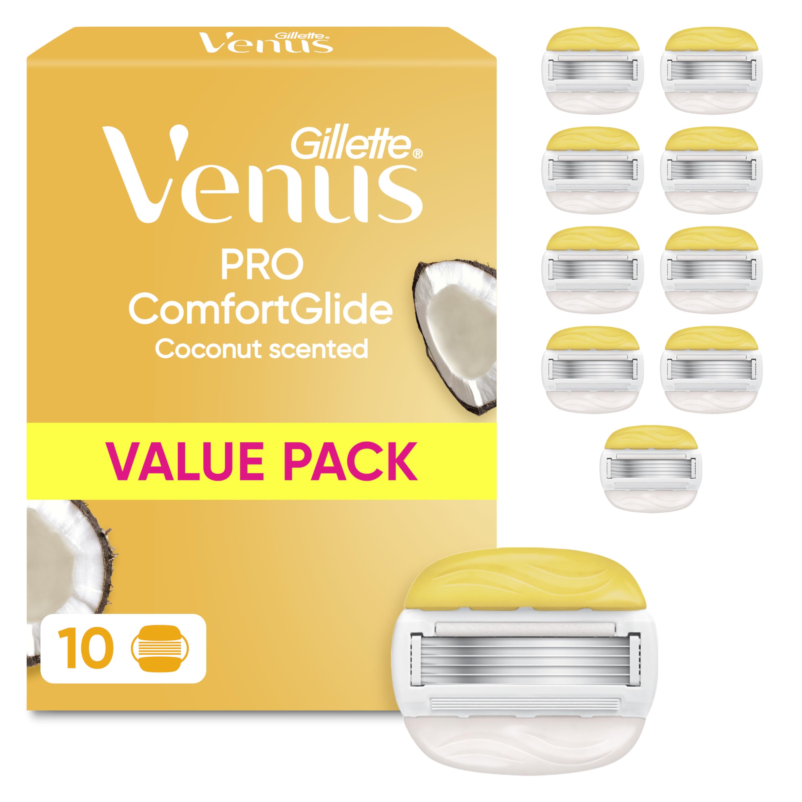 Gillette Venus Pro Comfortglide Kokosduft Rasierklingen Damen, 10 Original Ersatzklingen für Rasierer, Nassrasierer mit Olay Feuchtigkeitscreme für Damenrasierer