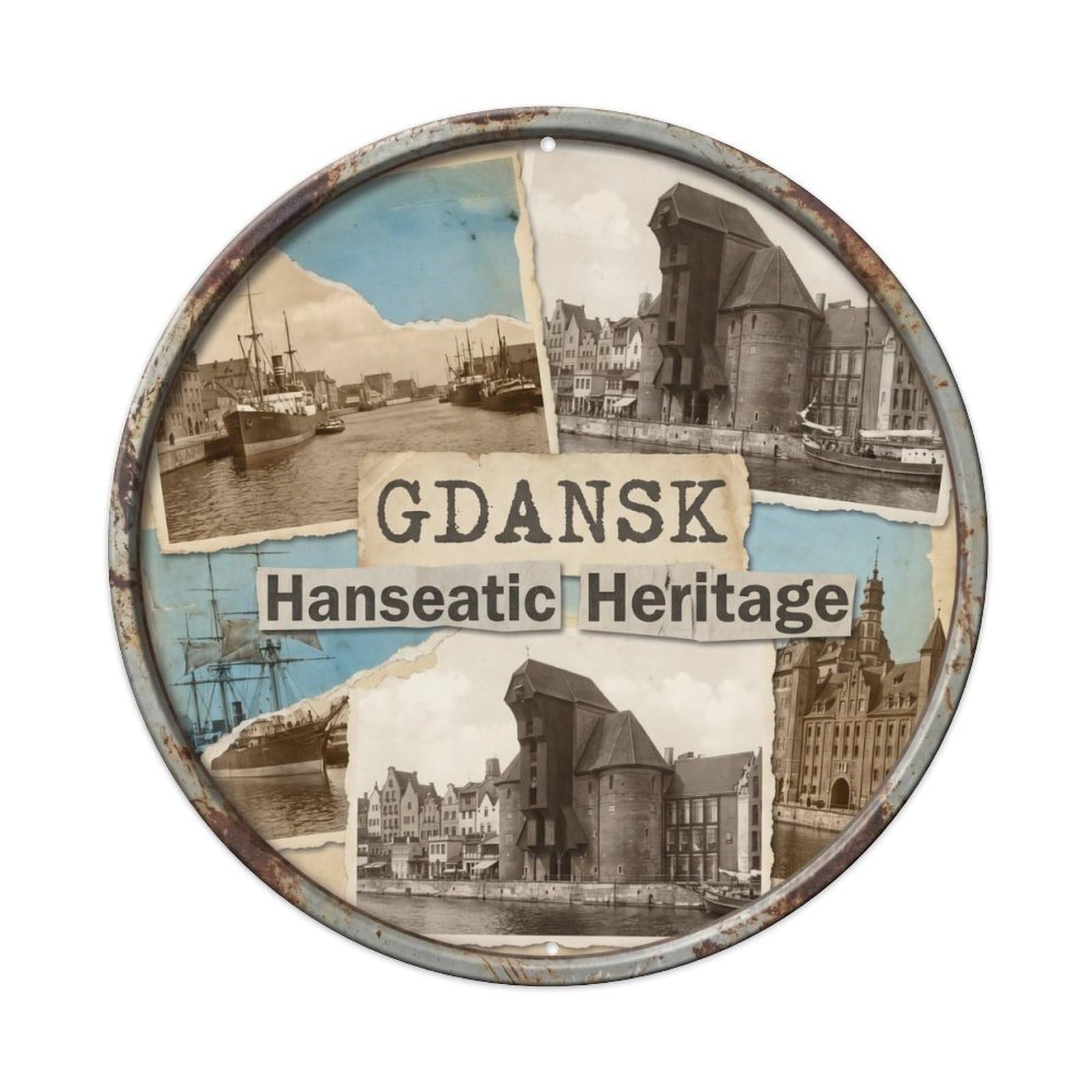 Yrnq Vintage Style Vintage Travel Gdansk River Poland Vintage Metal Tin Sign Plaque Wall Decor For Cafe, Club, Garden Round Metal Poster 8X8inch