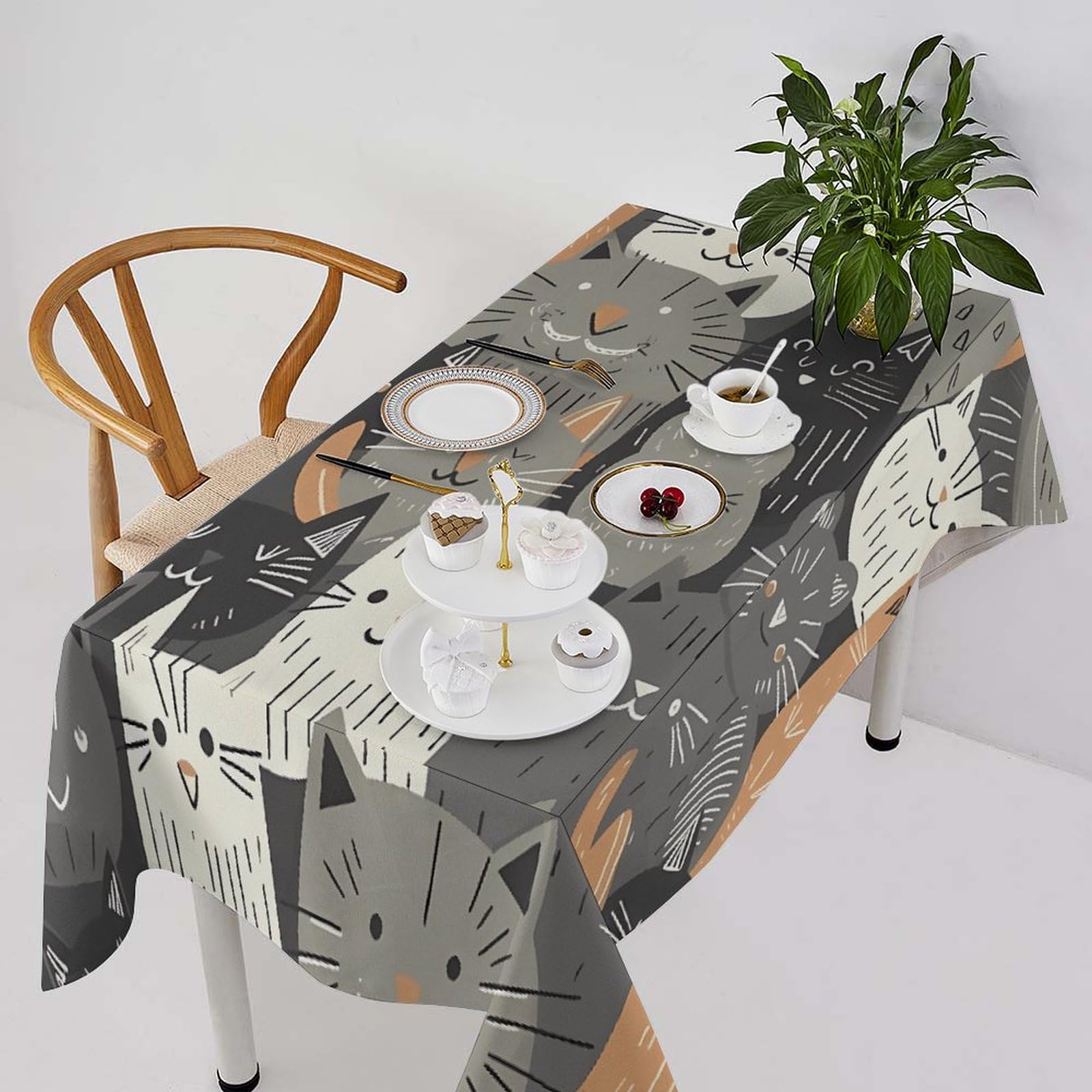 Nappe lavable en lin motif chat dessiné à la main rustique pour cuisine 140x140cm
