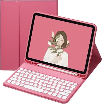 iPad 10th Generation Keyboard case iPad 102022 10.9 inch case with Keyboard Cute Round Key Detachable Bluetooth Keyboard with Pencil Holder,Dark Pink
