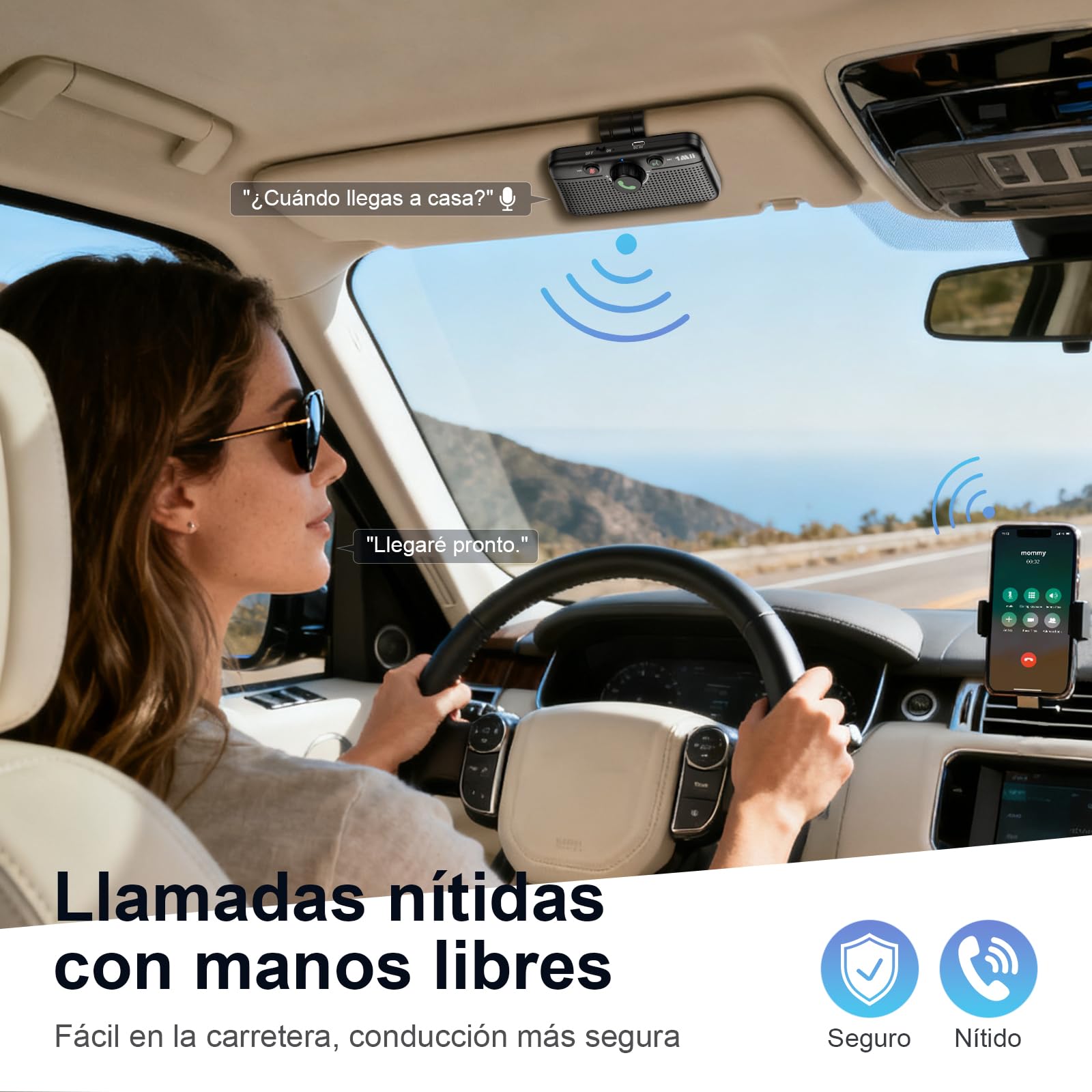 1Mii Manos Libres para Coche Bluetooth 6.0, Kit de Altavoz Bluetooth para Coche, Reconexión Automática, Siri y Google Voice Assistant, Llamadas, Navegación y Música Manos Libres, 35H de Autonomía