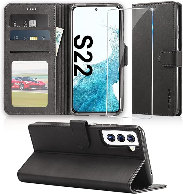 Case for Samsung Galaxy S22 Case with [Screen Protector], Premium PU Leather Wallet Phone Case for Samsung S22 5G, Kickstand Card Slots Magnetic Closure Flip Case Cover for Galaxy S22 5G (Black)