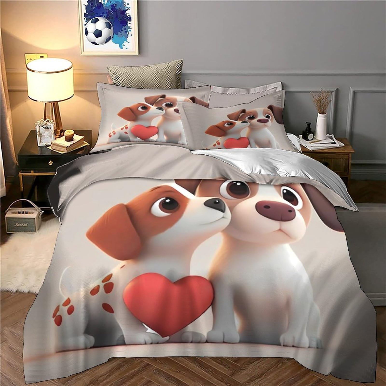 Niedliche Cartoon 3D Druck Hund Duvet Cover Mikrofaser Schlafzimmer Dekor Welpen Pärchen Bettwäsche Set Hautfreundlich Atmungsaktiv für Erwachsene Jugendliche Super King（260x220cm）