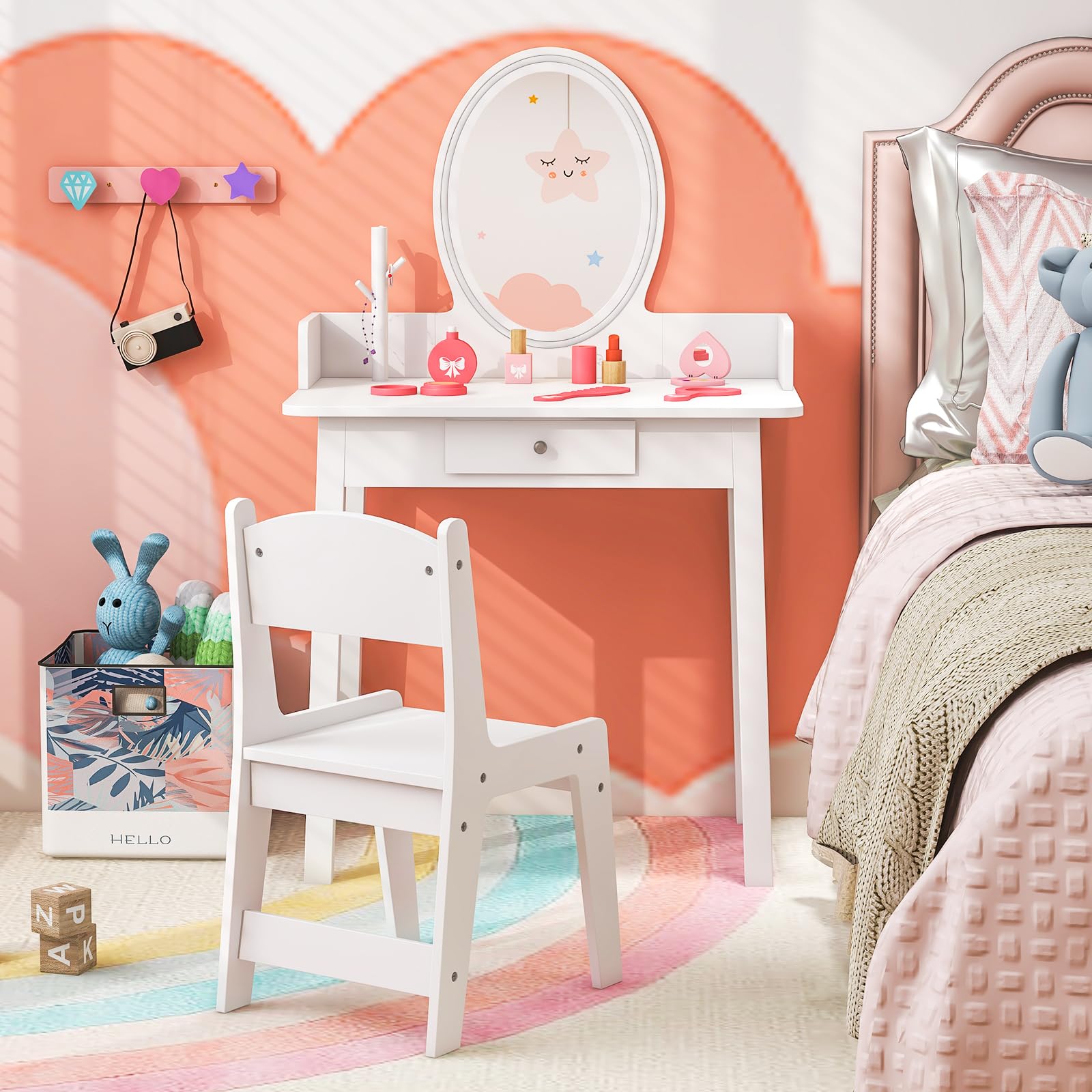 RELAX4LIFE Toeletta Trucco per Bambina con Luci LED, Specchiera Trucco con Sgabello, Toeletta in Legno, Specchio Rimovibile, per Bambini 3+ Anni (Bianco)