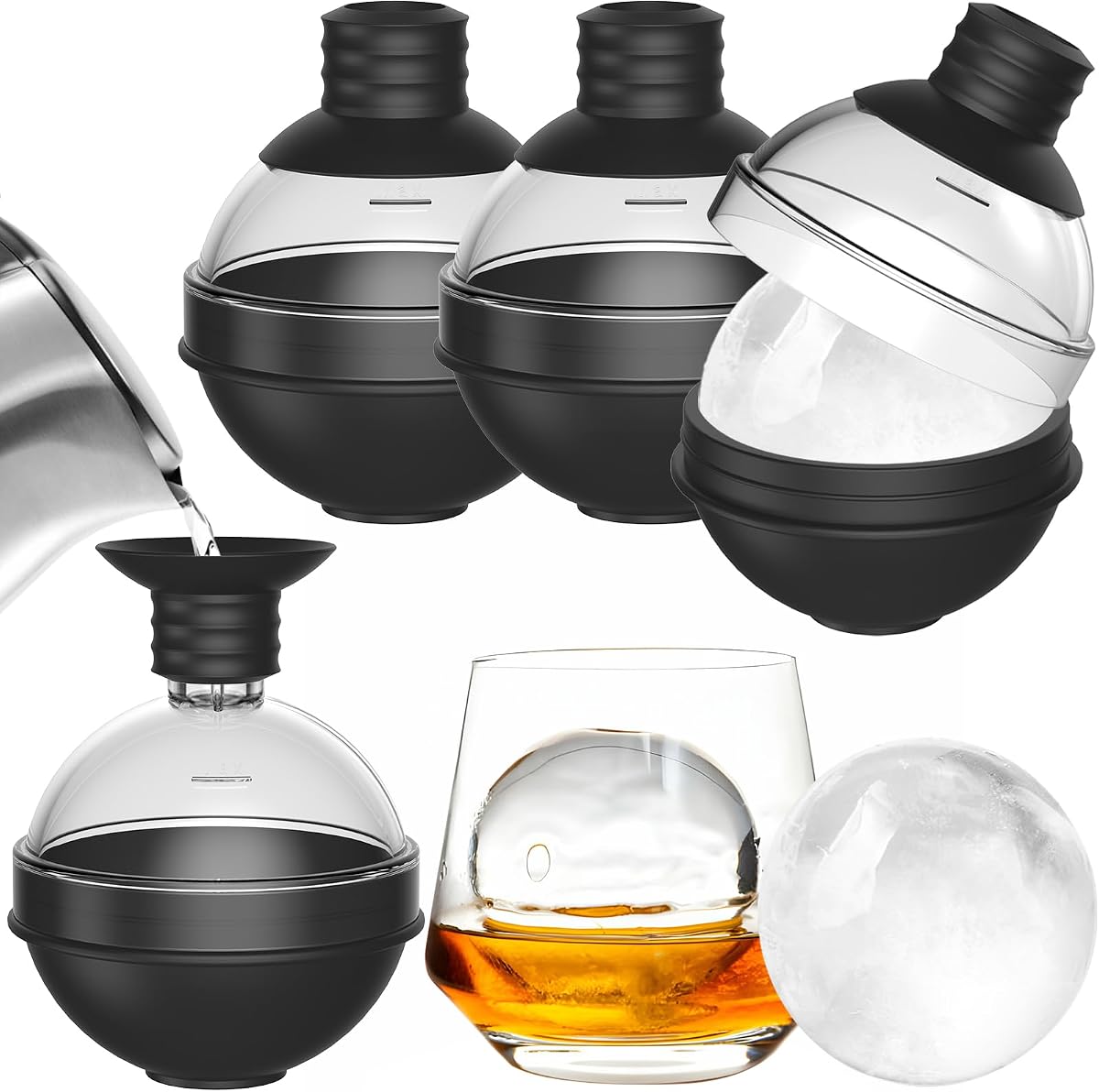 Molde redondo grande de silicona para hacer bolas de hielo para whisky, juego de 4 con tapa de embudo 2 en 1, molde de hielo con esfera grande de 2,4 pulgadas para cócteles Bourbon, fácil liberación, bandeja para cubitos de hielo perfectamente redonda