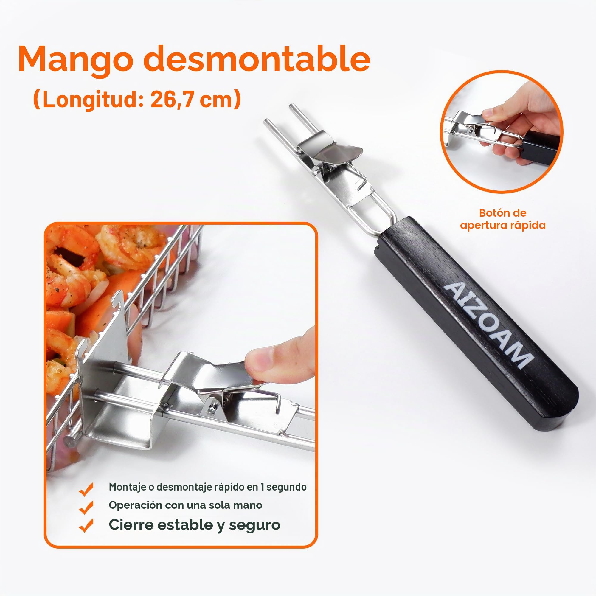 Cesta de parrilla – Cestas de parrilla para parrilla al aire libre, cesta grande de acero inoxidable con mango extraíble, estante portátil para asar pescado para parrilla, ideal para carne