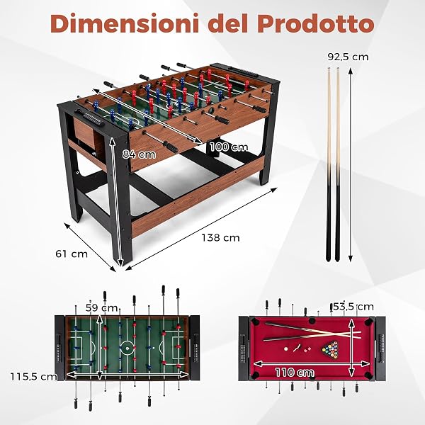 COSTWAY 2 in 1 Calcio Balilla, Tavolo da Biliardo con 2 Palline, Stecche Triangolo Spazzola e Gessetti, Tavolo Multigioco per Casa Sala Giochi e Feste - 4