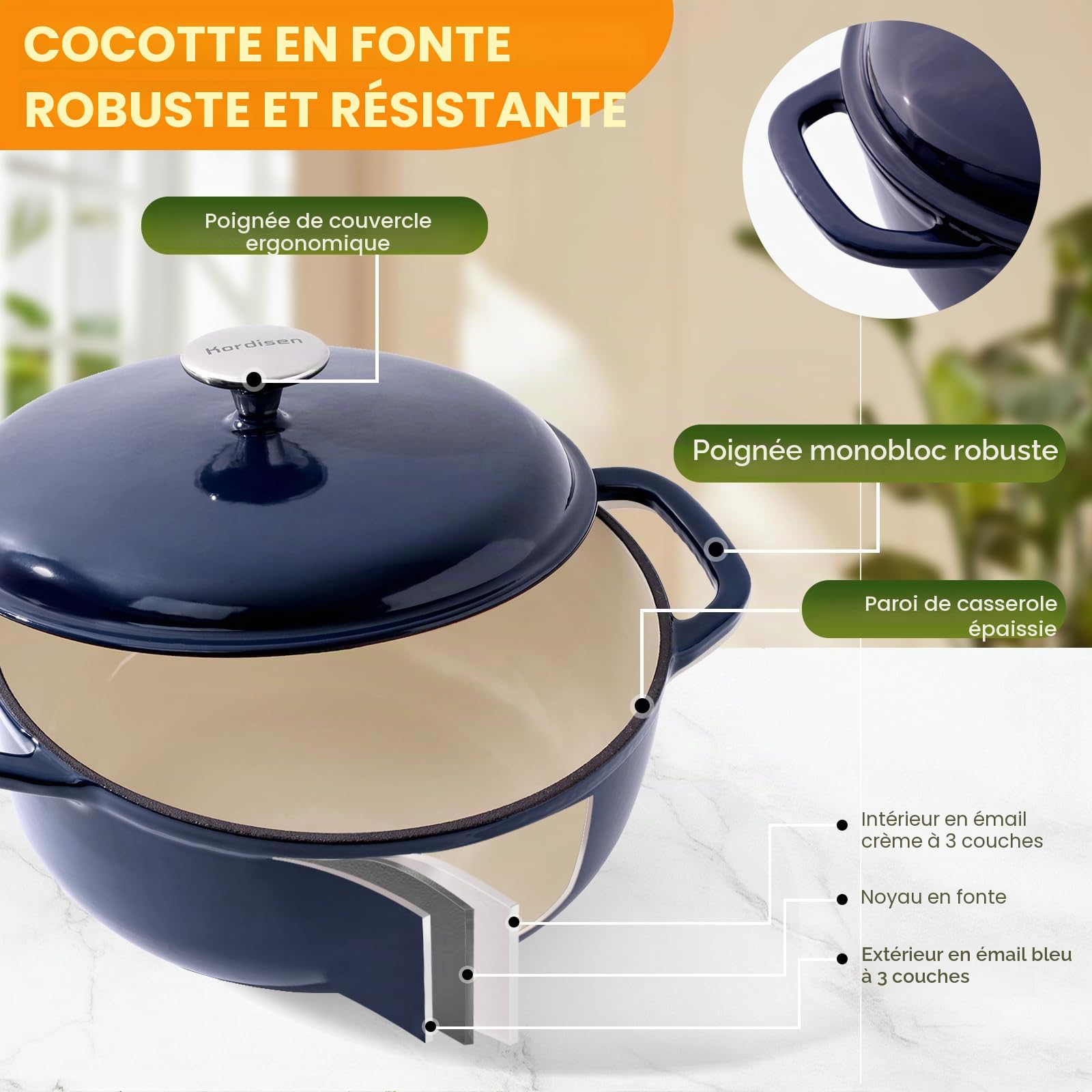 Kordisen 28 cm/5.7 L Cocotte en Fonte Emaillée avec Couvercle, Pour la Cuisson du Pain au Levain, Compatible avec le four Jusqu'à 260 °C, Robuste et Grande Taille, Bleue