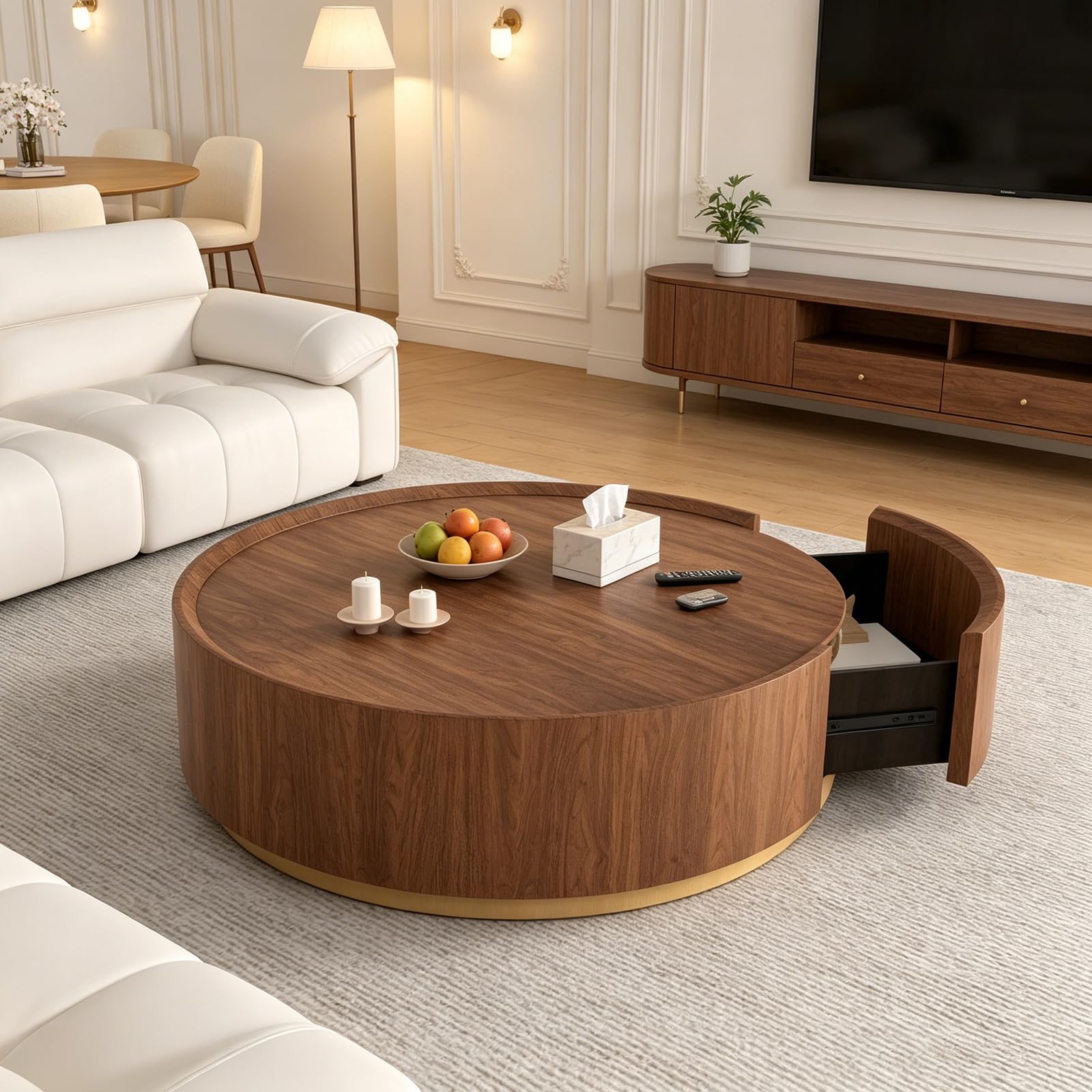 Table basse ronde tambour 90 cm en bois avec tiroir de rangement