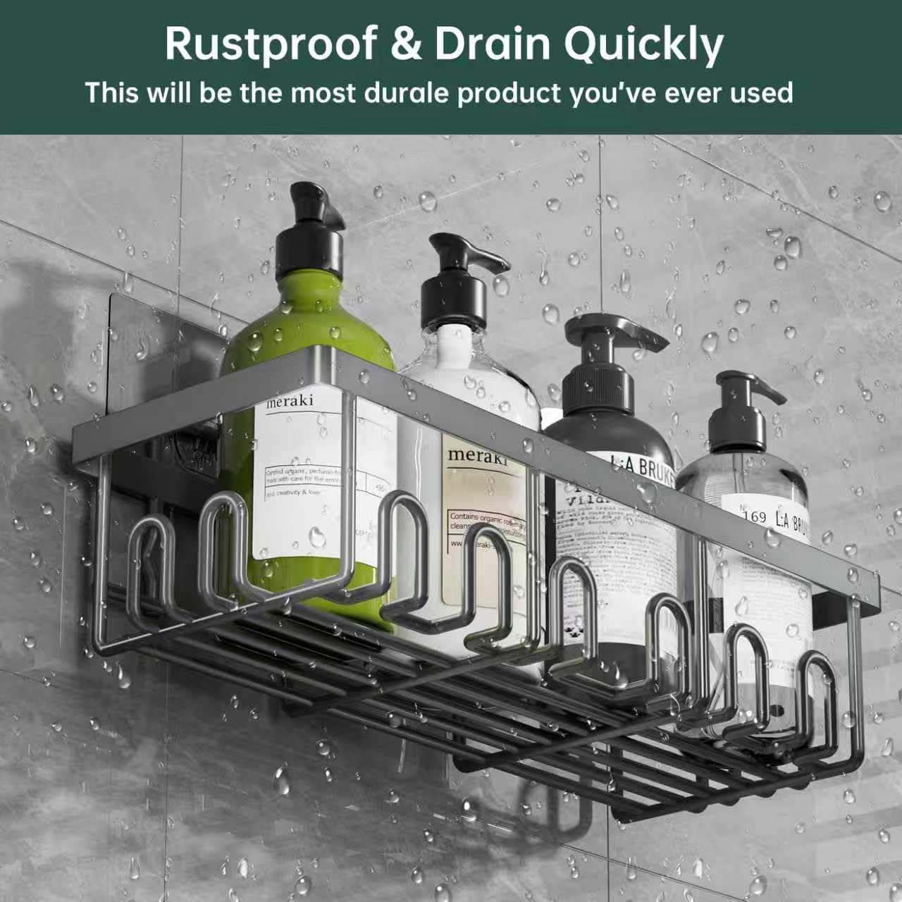 5-Pack Adhesive Shower Caddy, Rustproof Stainless Steel Organizer for Bathroom Storage with Large Capacity, No Drilling Bathroom Caddy with Soap Toothbrush Holder for Kitchen Home Grey