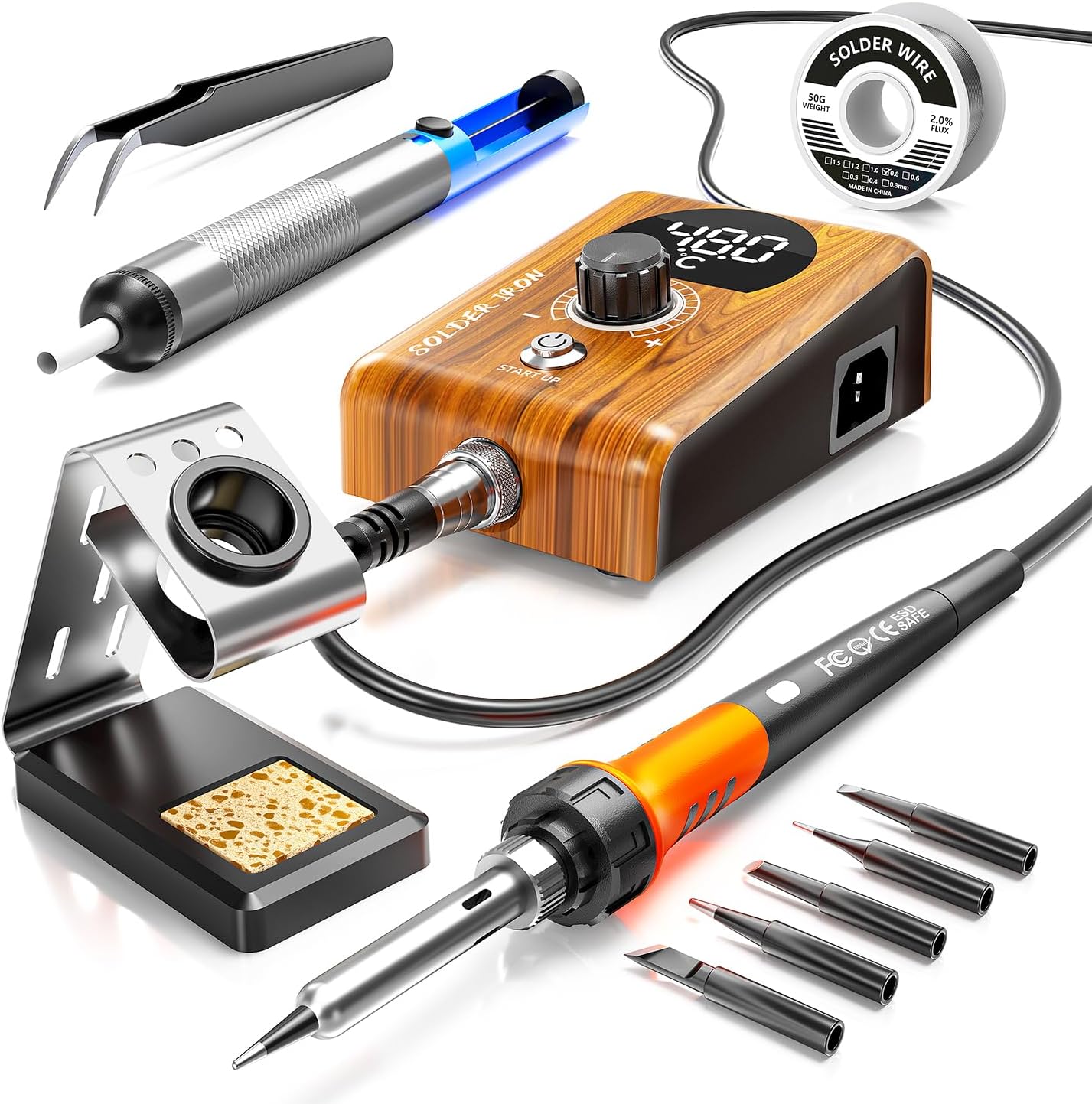 90W Digital display soldering station, stable knob control, independent switch power supply, tin wire, tin absorber, anti-static tweezers, 5 soldering iron tips, handle fixed bracket