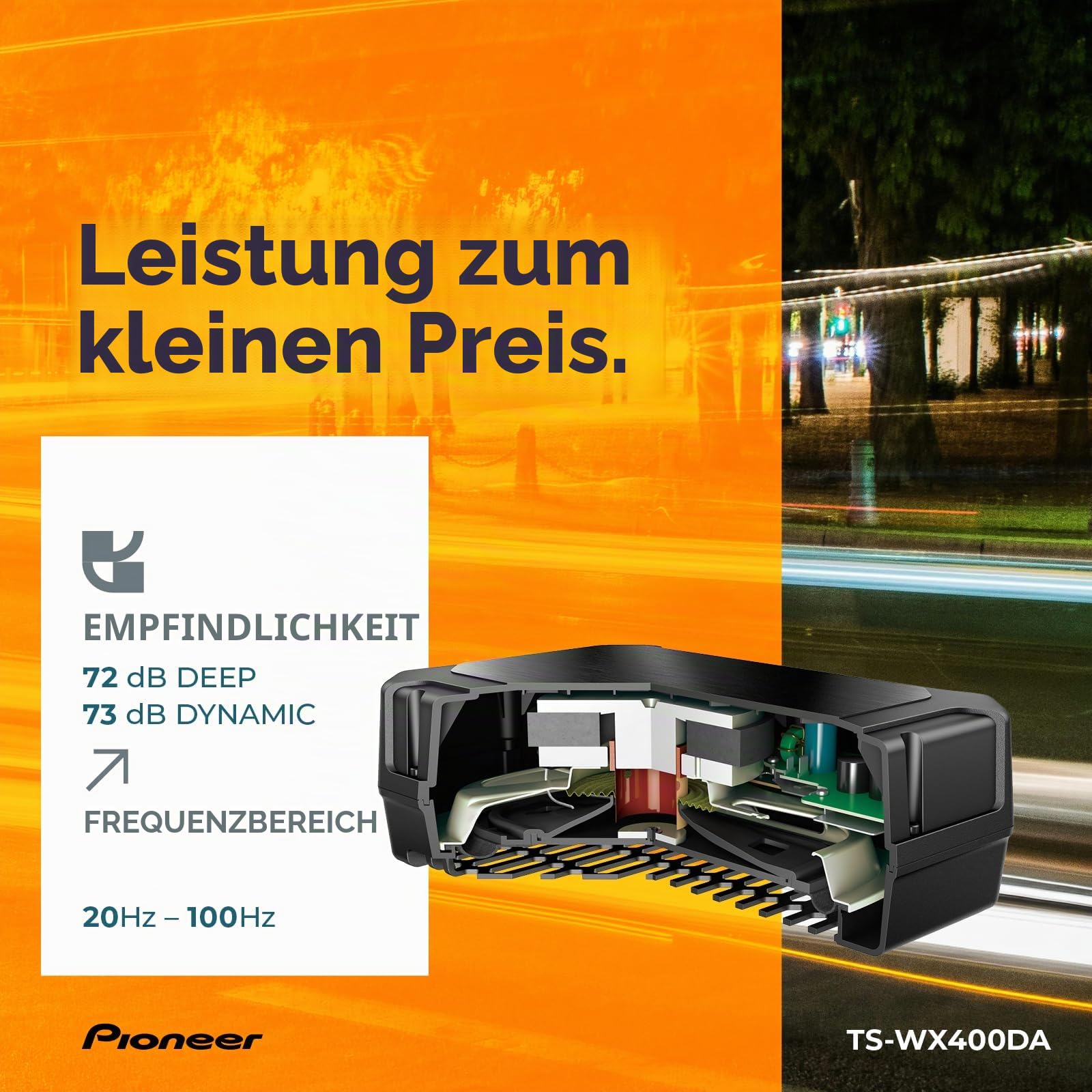 PIONEER TS-WX400DA Class-D Aktivsubwoofer mit digitaler Bassregelung für tiefedynamische Bässe (250 W), 2 frei wählbare Bassmodi, schwarz, 300 x 100 x 200 mm