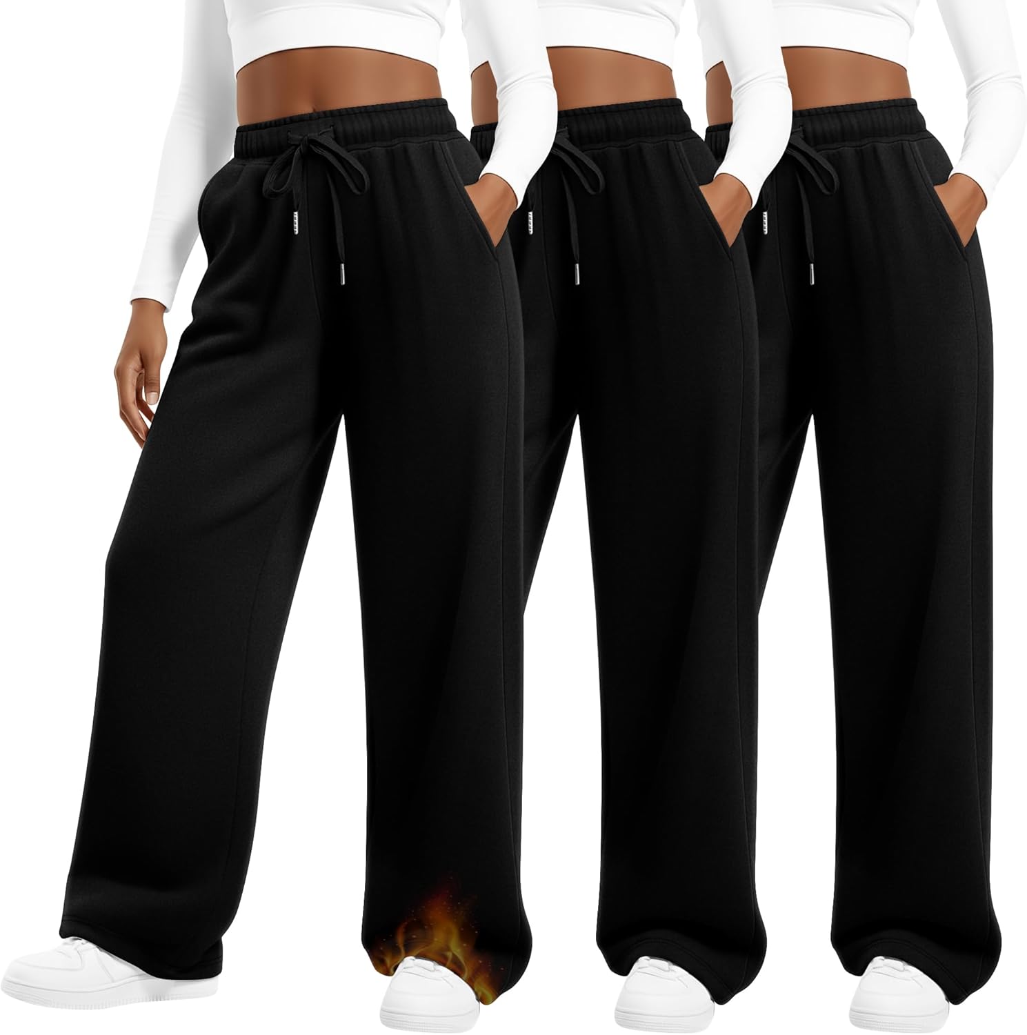 3 Pack Women's Plus Size Fleece Lined Pants Wide Leg Drawstring Sweatpants with Pocket Elastic Waisted Yoga Pants