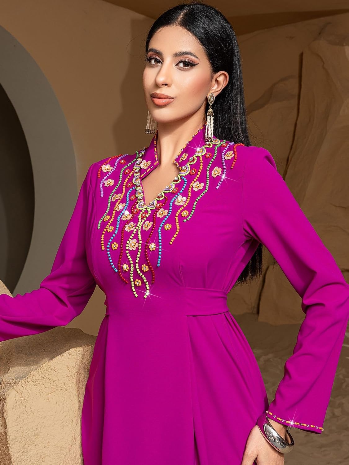 PolyJolly Abaya Dress for Women Dubai Sadui Embroidery Fancy Arabic Gown Collection Mgenta Small image 6 of 6 B0F2B23SK5