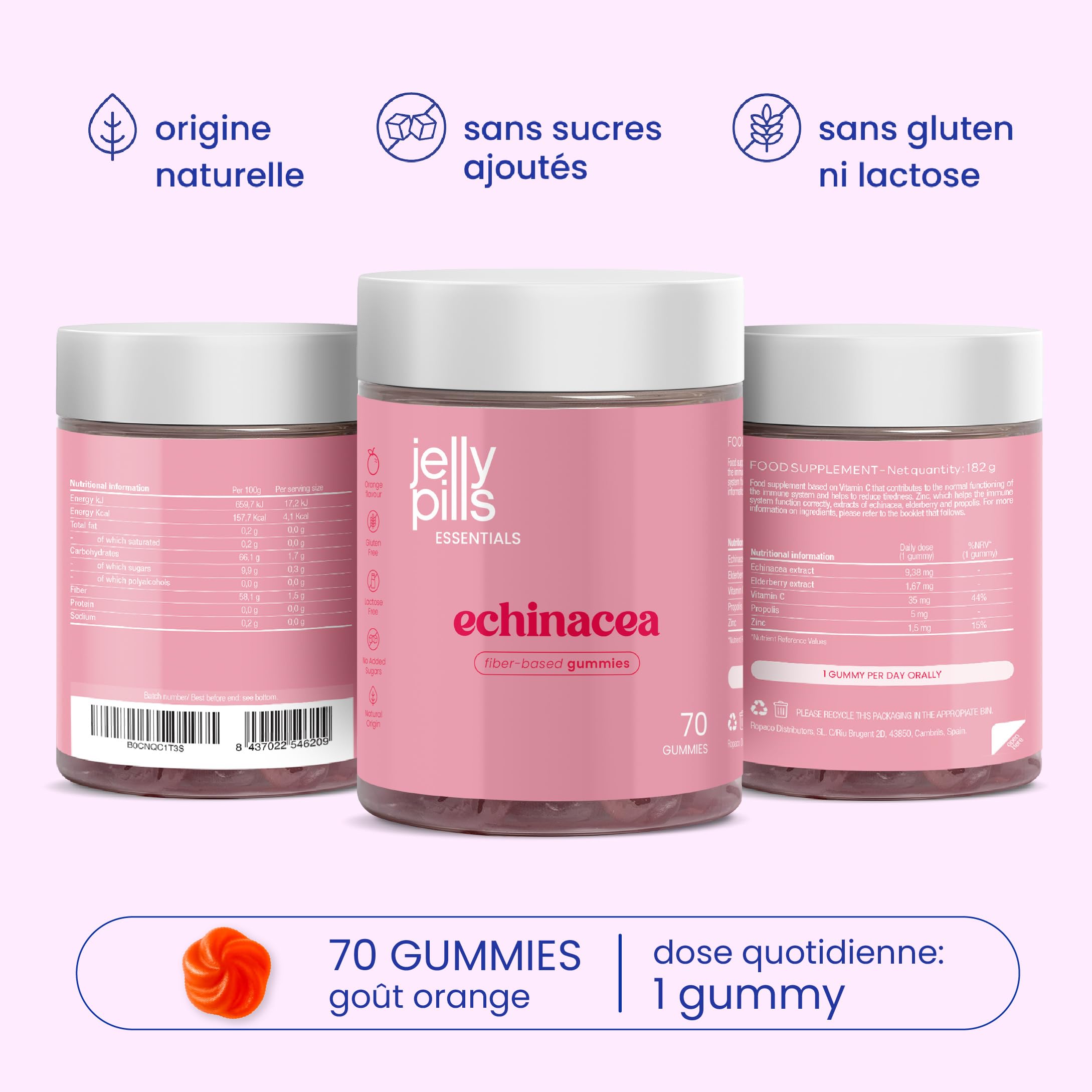Jelly Pills Gummies Échinacée avec Vitamine C et Zinc - 70 Gummies Véganes - Sans Sucres Ajoutés - Goût Orange - Système Immunitaire