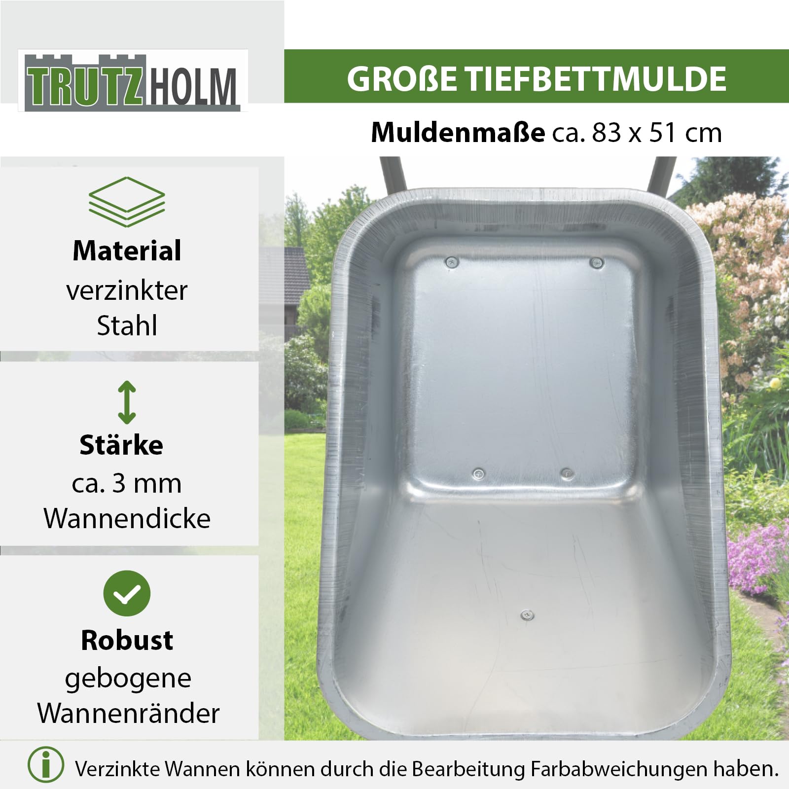 TRUTZHOLM 2-Rad Schubkarre 150L 150kg | stabile Gartenkarre Baukarre kippsicher | verzinkte Wanne | pannensichere PU-Räder | pulverbeschichteter Stahlrahmen | Sicherheitsgriffe | Zweirad