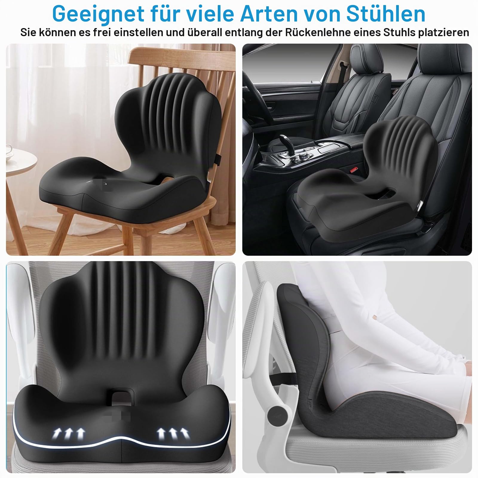 Sitzkissen Bürostuhl, Orthopädisches Sitzkissen, L-förmiges Sitz- und Rückenkissen mit Memory-Schaum, Lordosenstütze und Atmungsaktivem Steißbein-Ausschnitt für Bürostuhl, Autositz